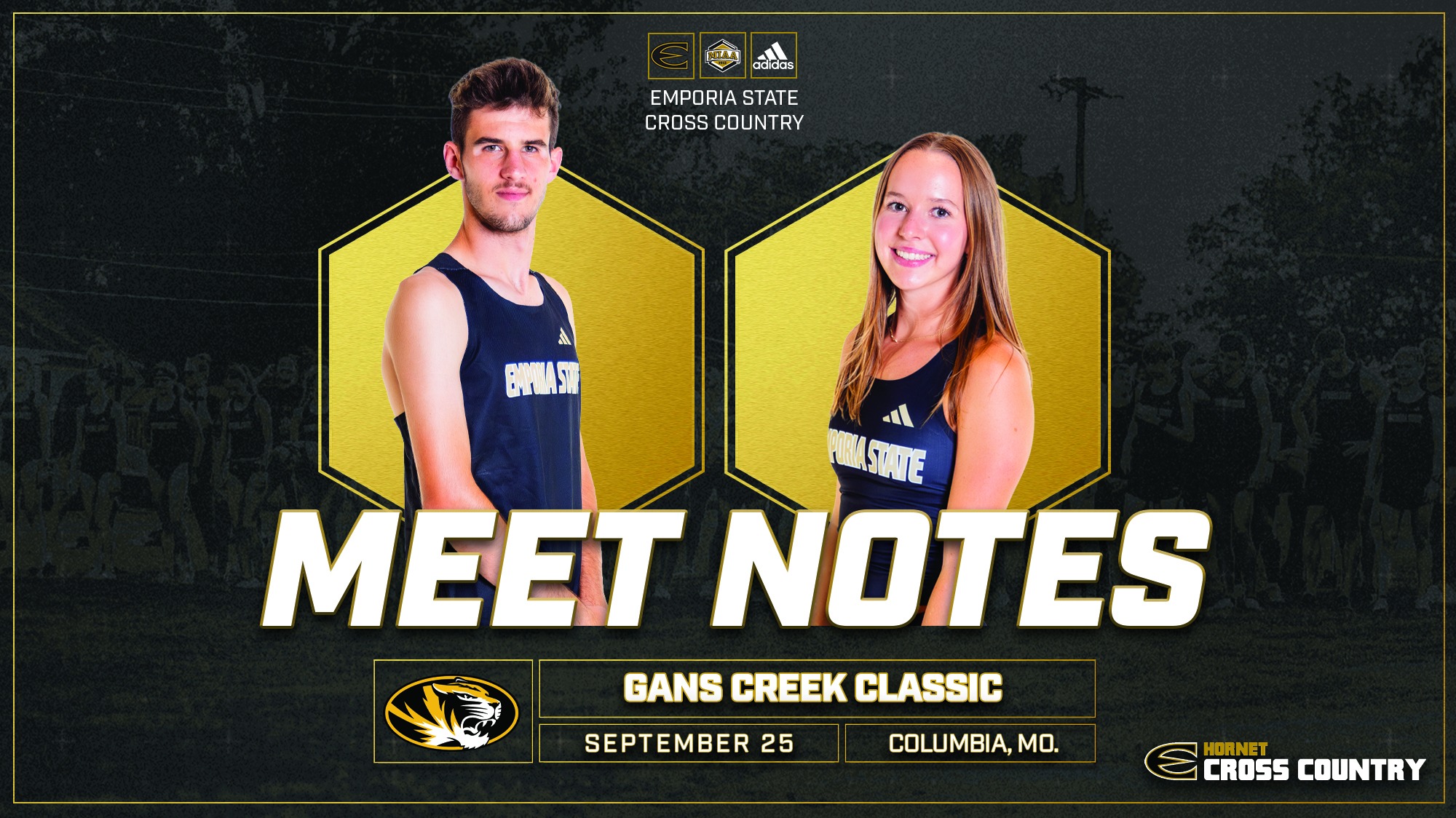 2026 ESU Cross Country Meet Notes Graphic at Gans Creek with Bryce Roberts and Brett Jacobsen