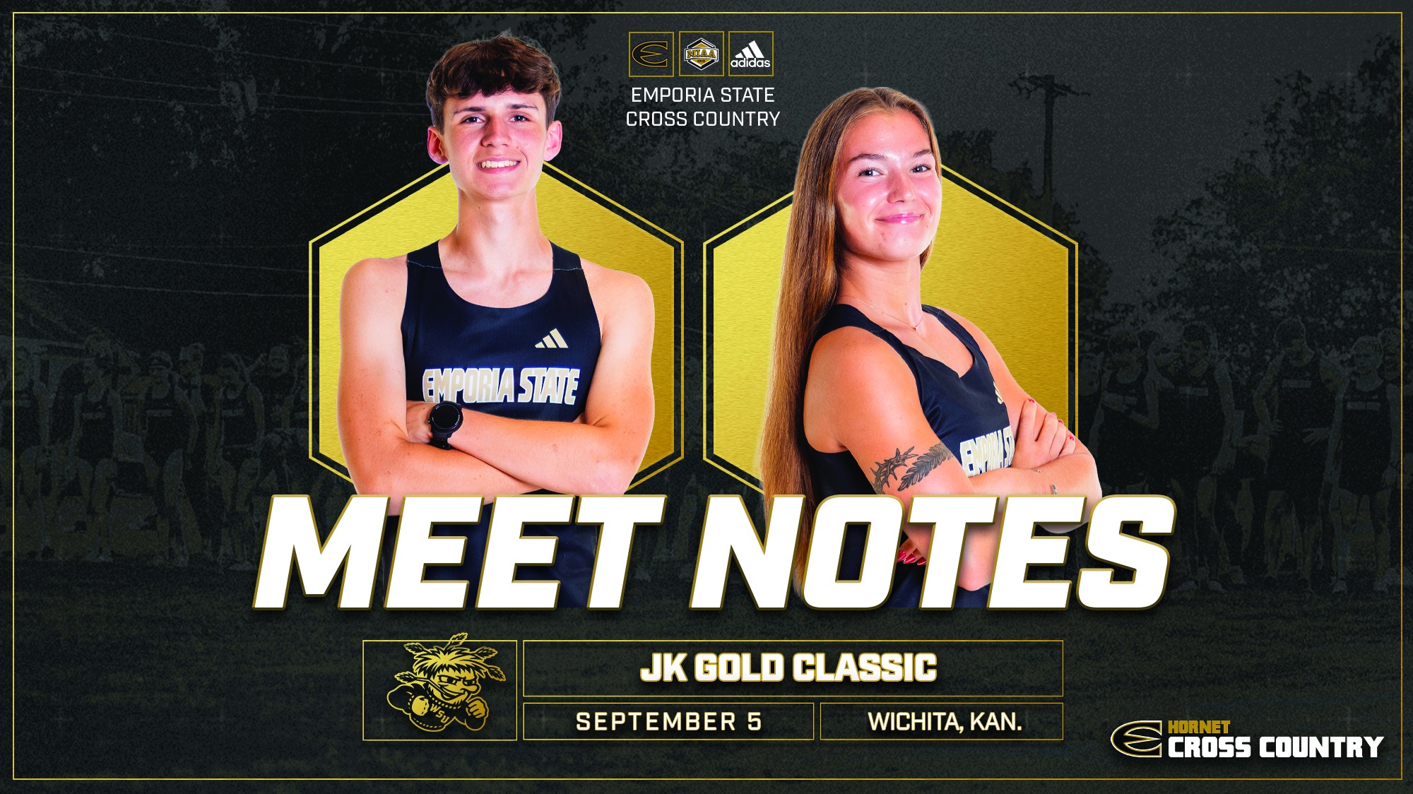 2026 ESU Cross Country Meet Notes Graphic at JK Gold with Isaac Ibendahl and Arwyn Hennesy