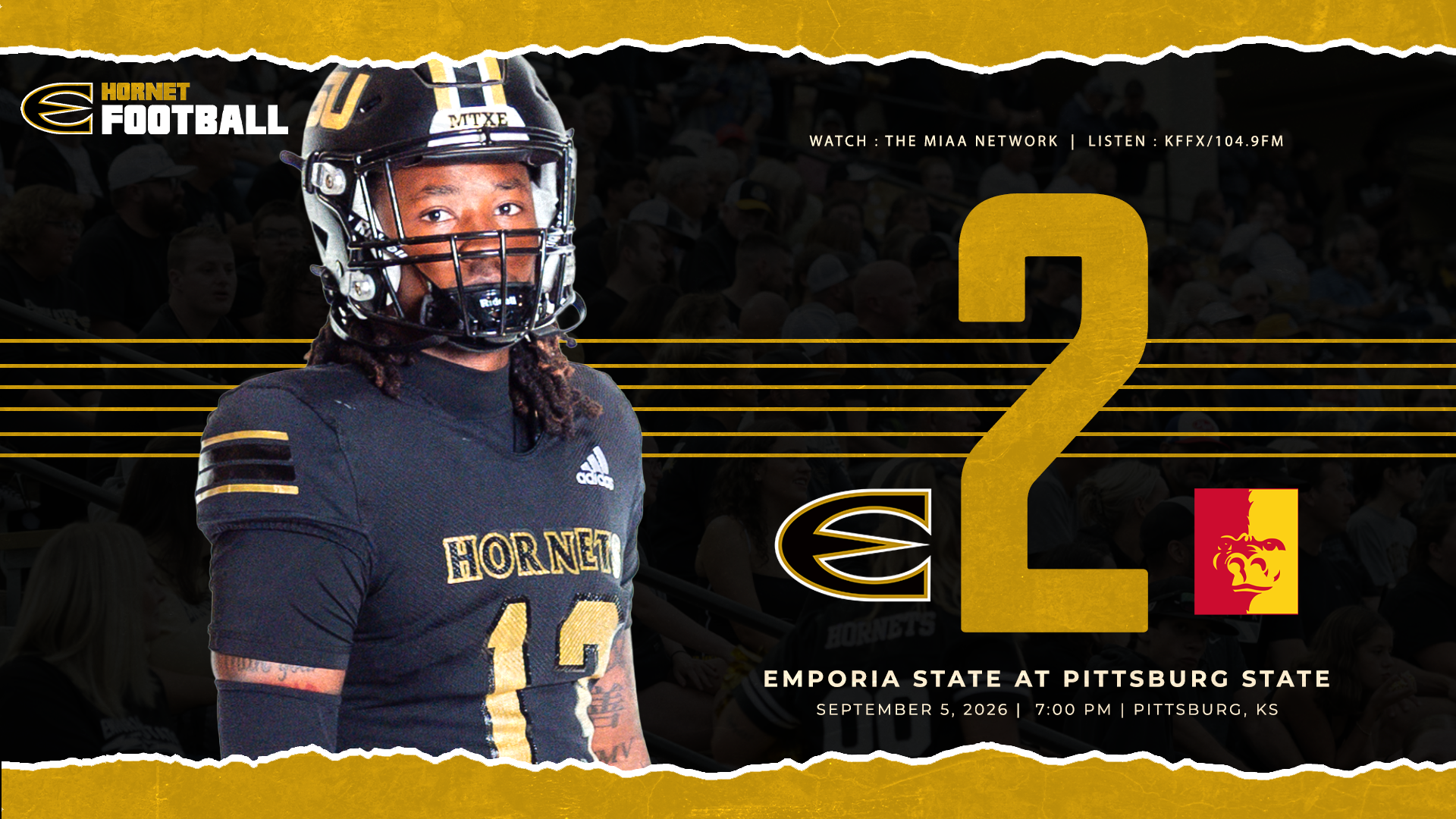 2026 Emporia State Football Game Notes Graphic at Pittsburg State with Malik O'Atis