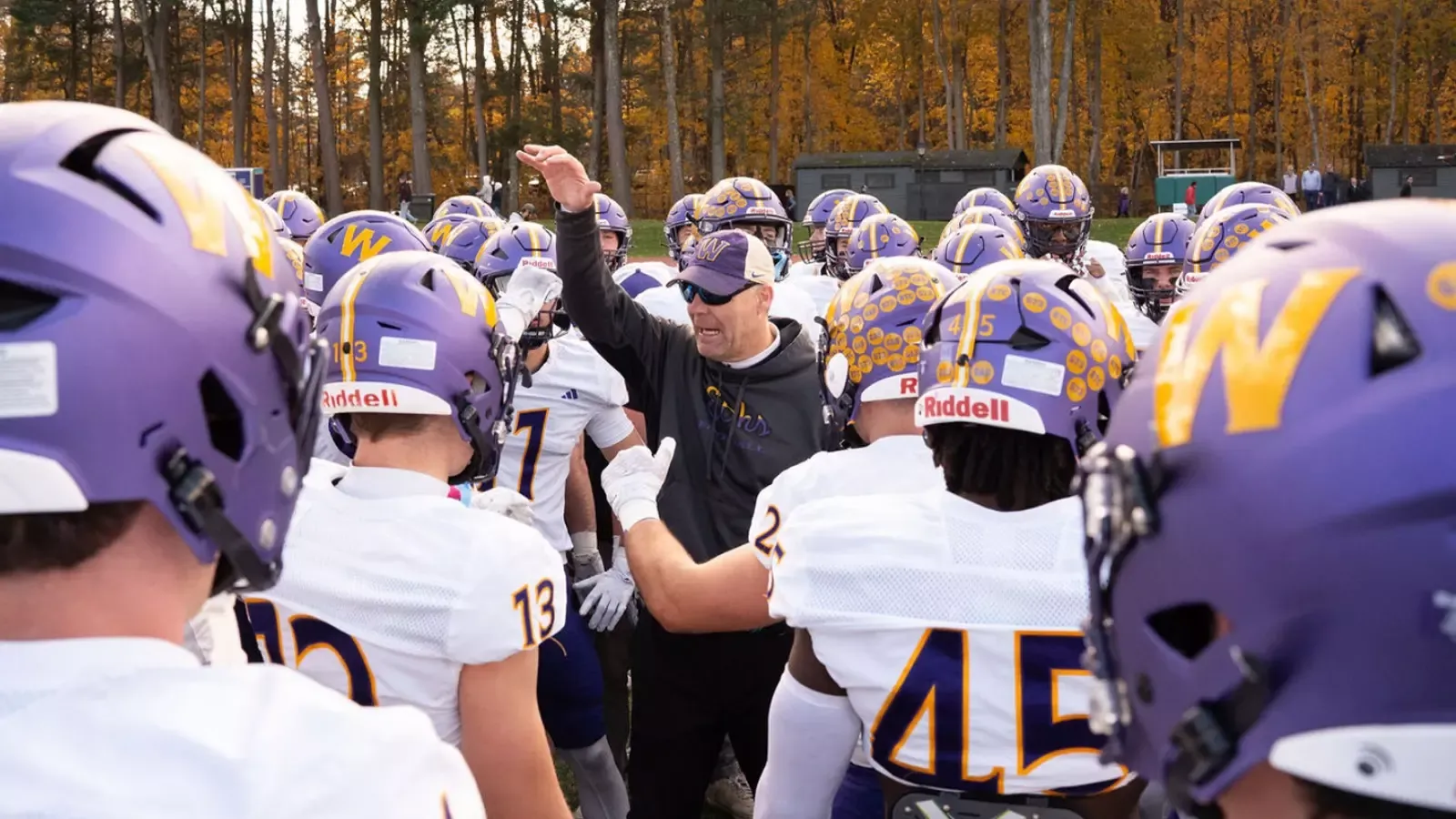 Mark Raymond speaks to the team at Amherst, Nov. 8, 2025