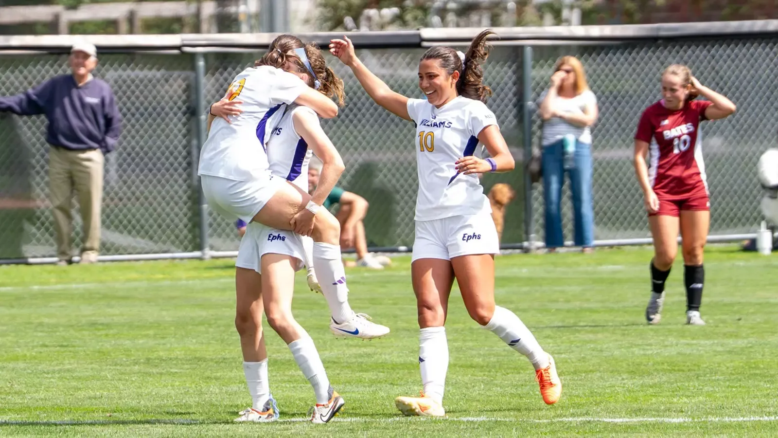 Bria Abbiati celebrates her goal in the 82nd minute to lift Williams to a 1-0 opening-day victory over Bates on Sept. 5, 2026