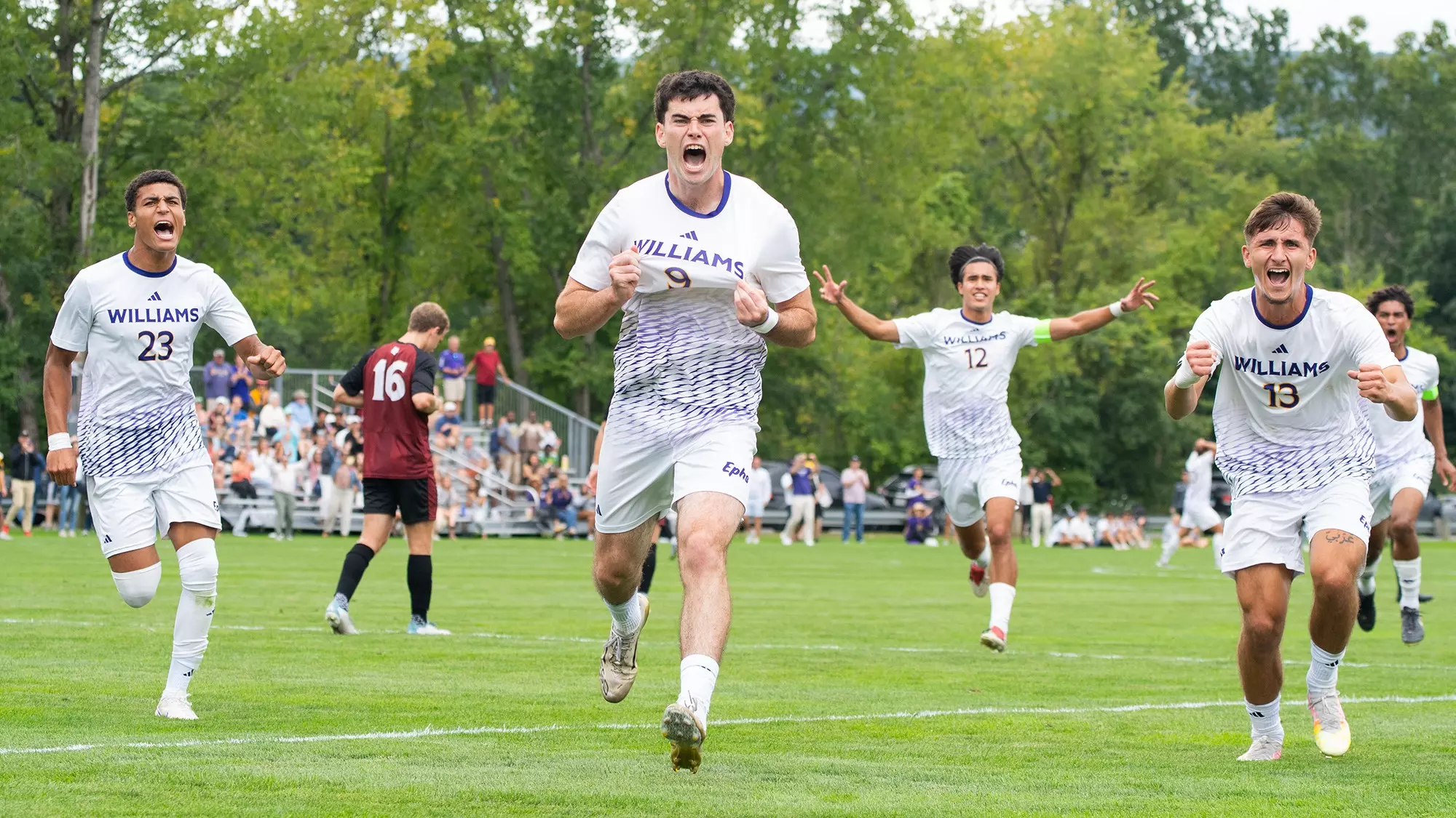 Lorcan Mitchell reacts after scoring the go-ahead goal that proved to be the game-winner in a 3-2 victory over Bates, Sept. 5, 2026