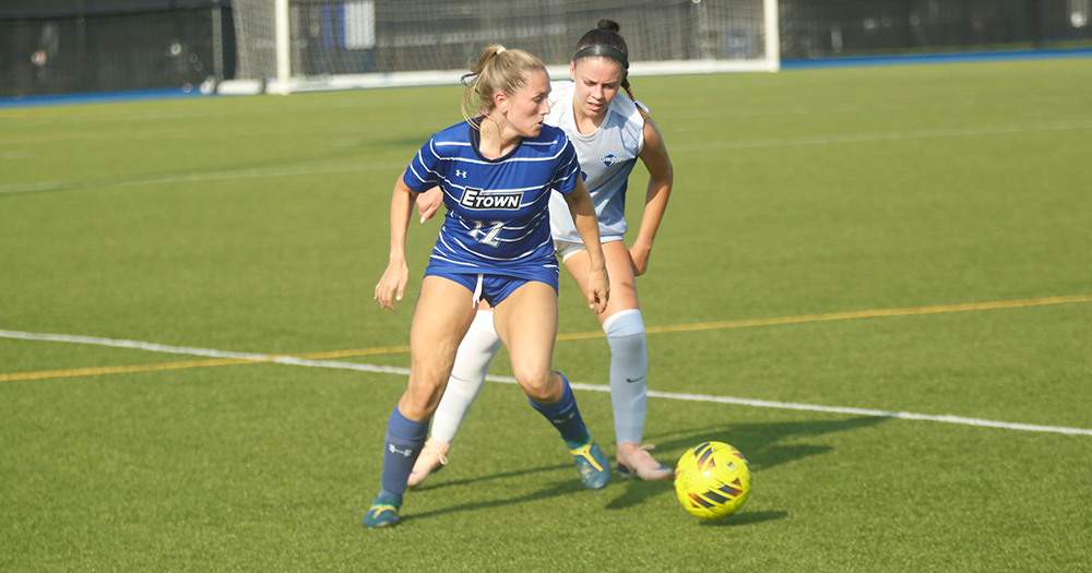 Elizabethtown College junior Sky Shinnen protects the ball from an F&M defender on Tuesday, September 1, 2026
