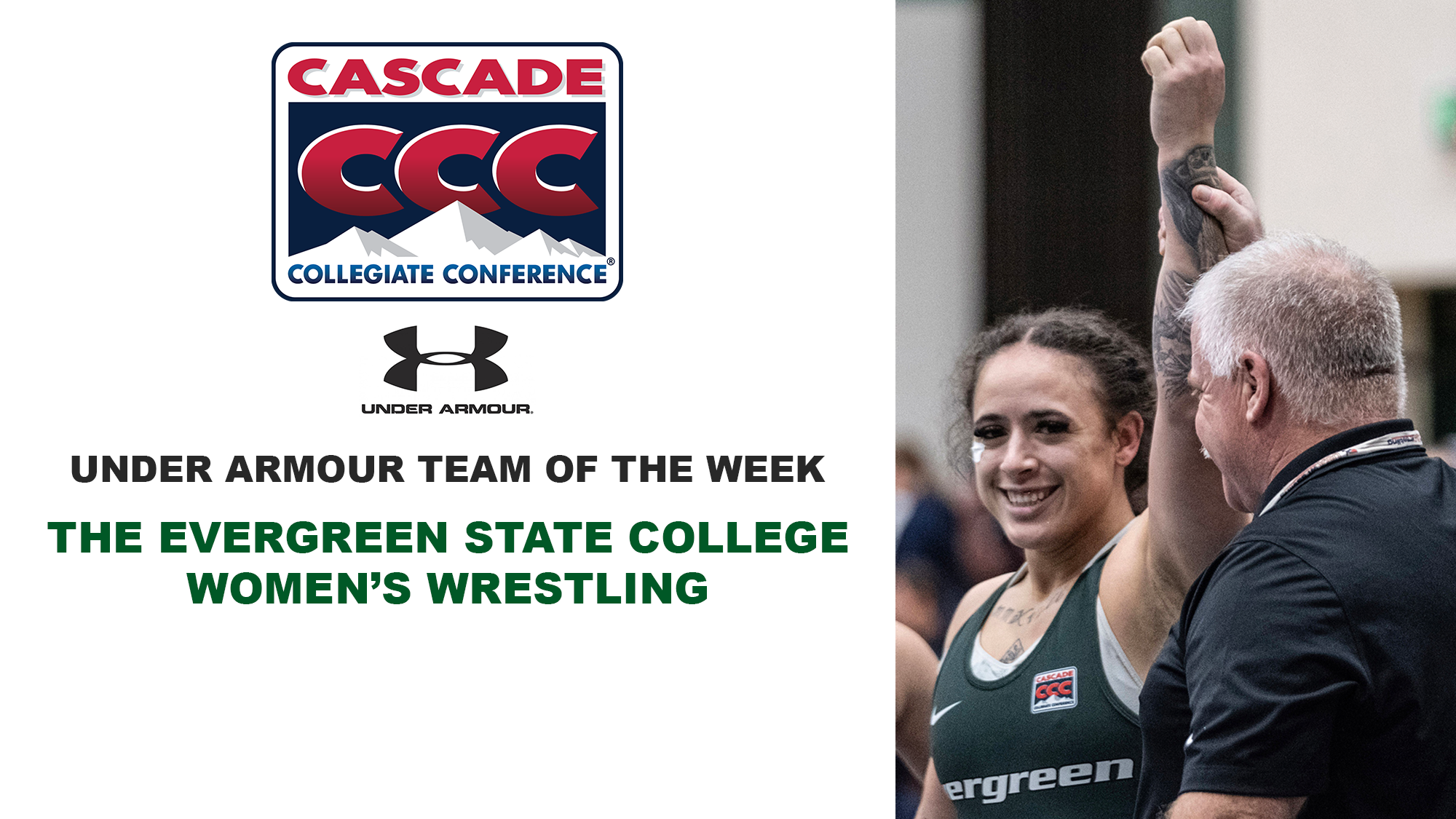 Photo of Flor Parker Borrero, with Cascade Collegiate Conference and Under Armour logos, and Evergreen as Team of the Week