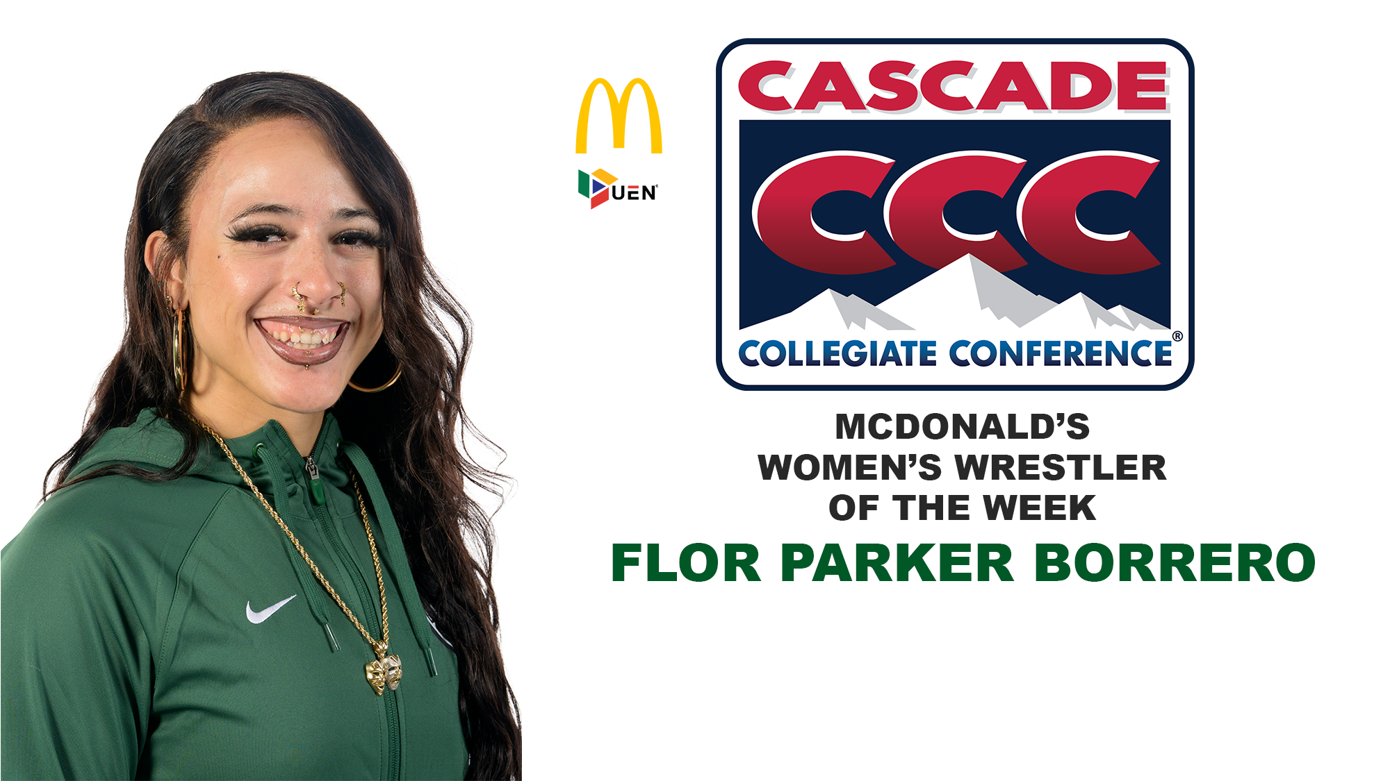Flor Parker Borrero with Cascade Collegiate Conference, McDonald's, and Urban Edge Network logos, plus Women's Wrestler of the Week