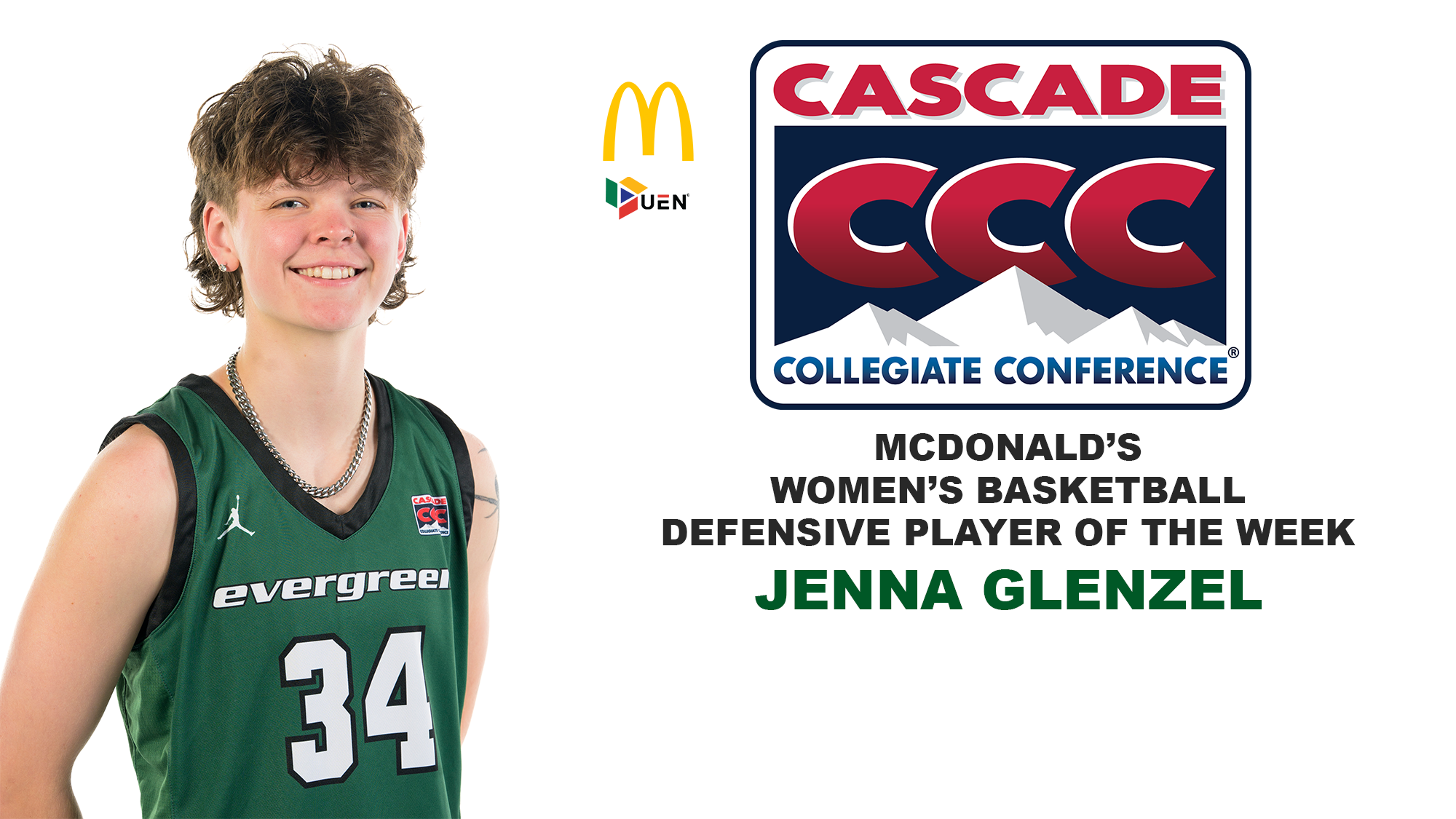 Jenna Glenzel with Cascade Collegiate Conference, McDonald's, and Urban Edge Network logos, plus Women's Basketball Defensive Player of the Week