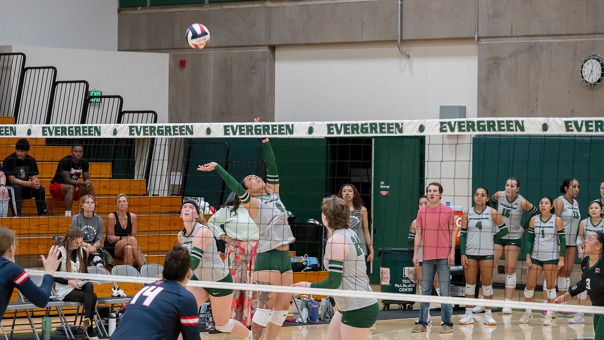 Jayden Vaimaona contributes a back-set for the Evergreen volleyball team.