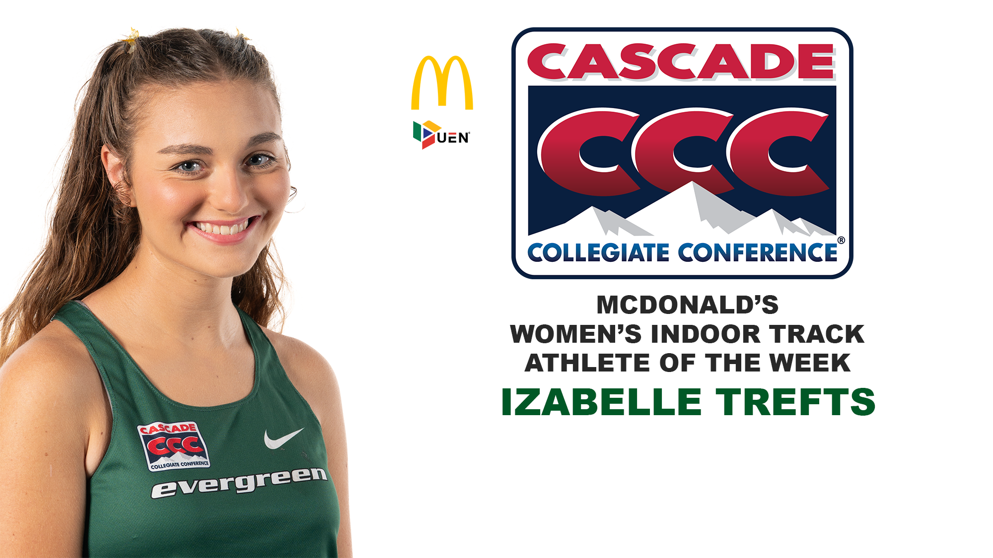 Izabelle Trefts with Cascade Collegiate Conference, McDonald's, and Urban Edge Network logos, plus Women's Indoor Track Athlete of the Week