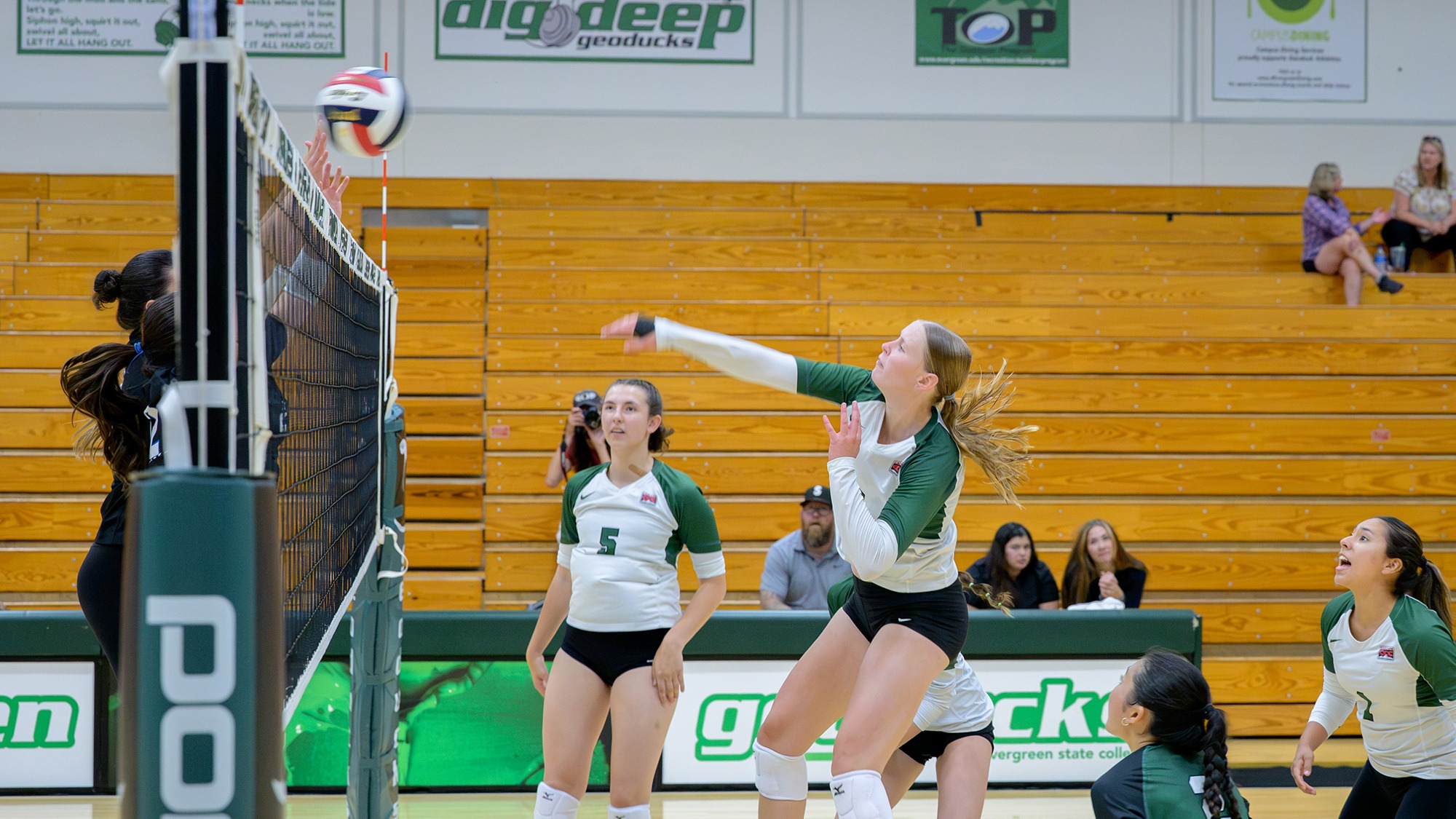 Zofia Formella attacks the volleyball for Evergreen.
