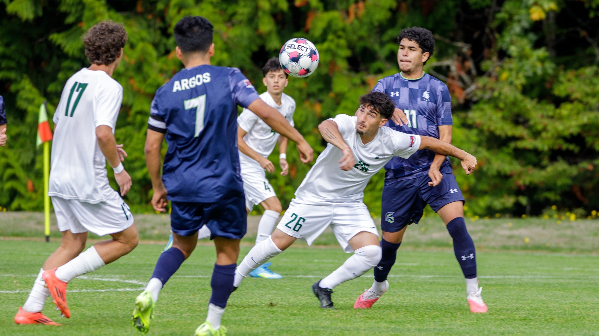 Noah Blake is ready to head the ball for the Geoducks