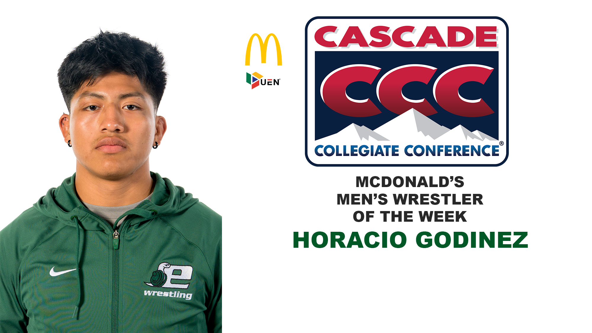 Horacio Godinez with Cascade Collegiate Conference, McDonald's, and Urban Edge Network logos, plus Men's Wrestler of the Week