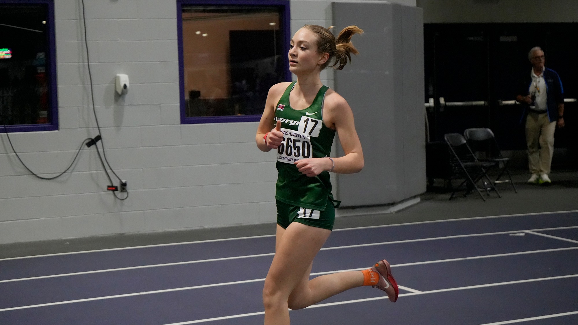 Sylvia Biesack runs indoors for the Evergreen Geoducks.