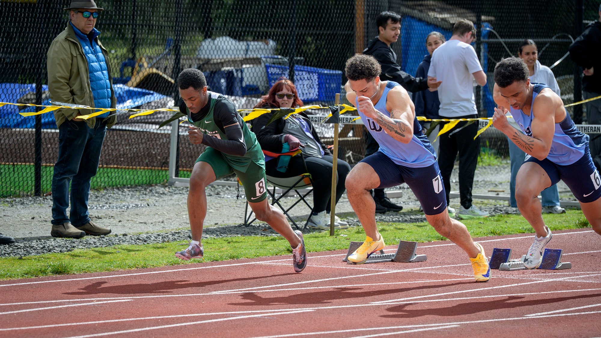 DeAndre Wright leaves the starting blocks as he begins a race for the Geoducks.