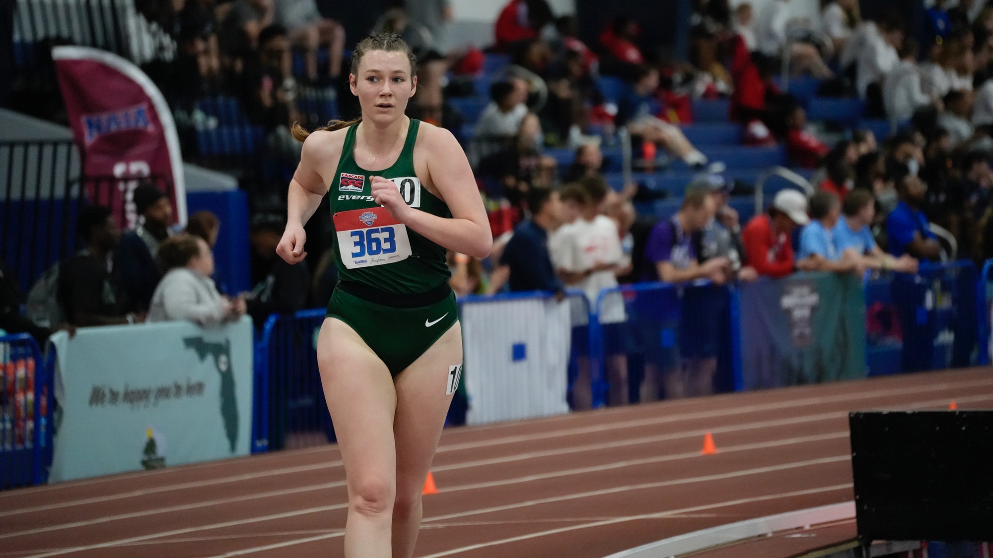 Madison Palek competes in the women's 3,000-meter race walk at the 2026 NAIA Indoor Track and Field Championships.