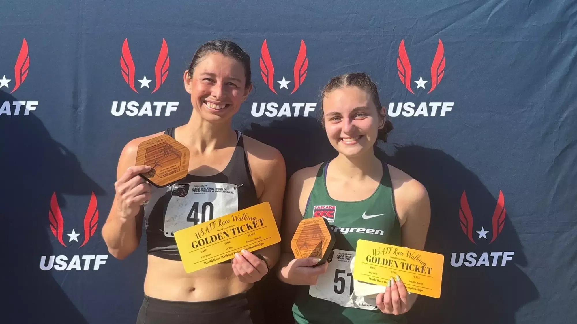 Assistant Coach Katie Burnett (left) and Izabelle Trefts (right) with awards from the 2026 USATF Half Marathon Race Walk team trials.