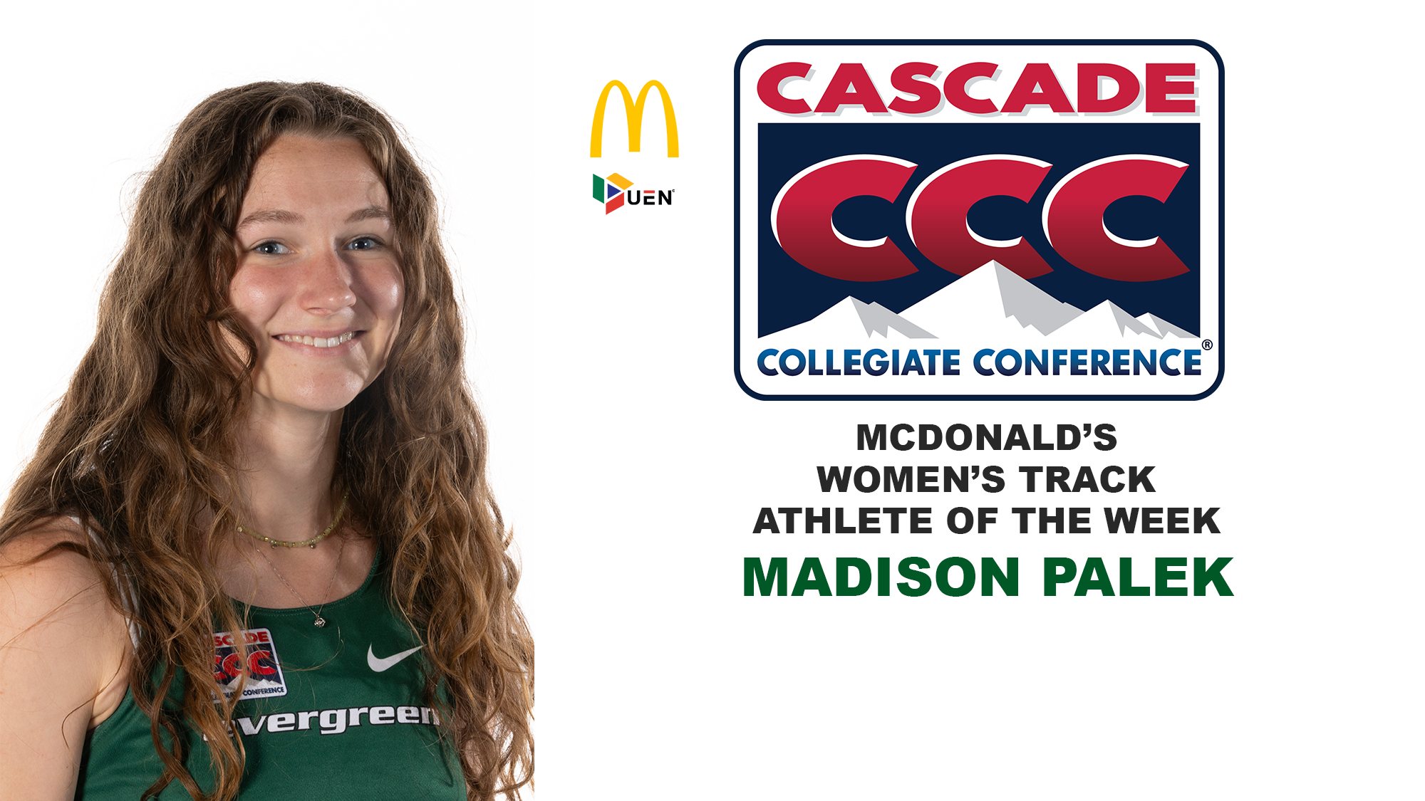 Madison Palek with Cascade Collegiate Conference, McDonald's, and Urban Edge Network logos, plus Women's Track Athlete of the Week