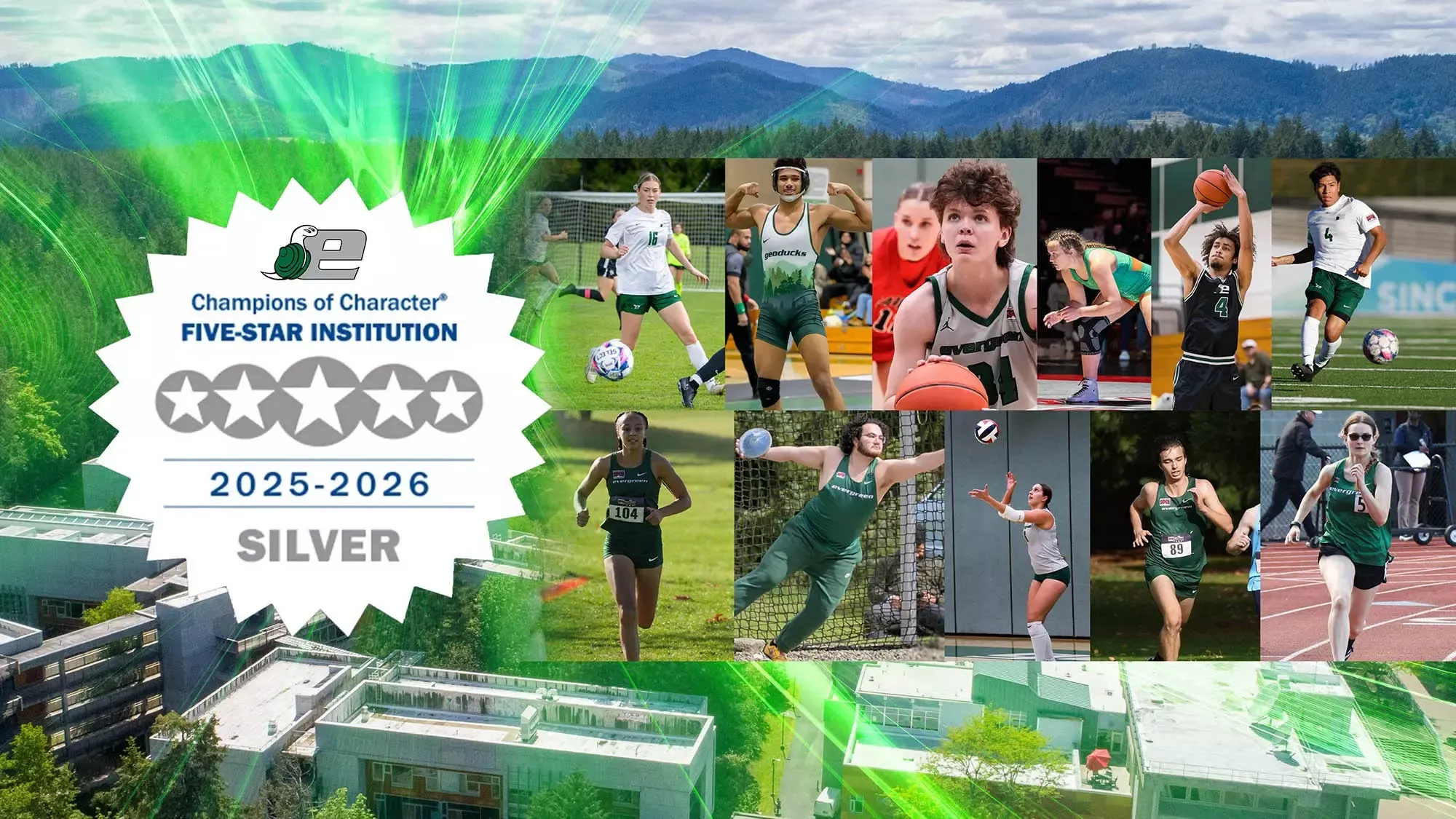 NAIA Champions of Character Five-Star Silver logo with the Geoduck logo, and Evergreen campus and athletic photos.