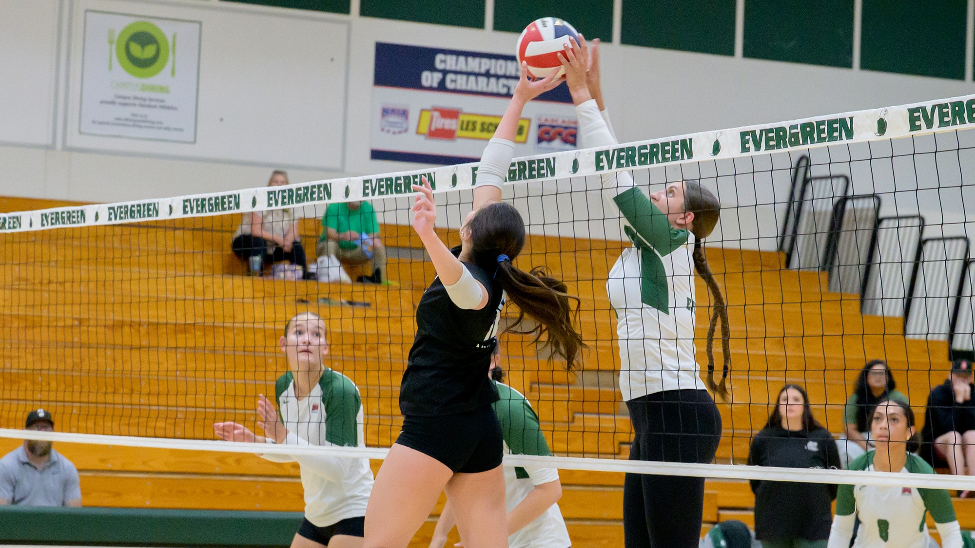 Sophia Scroggins battles for the ball at the net.