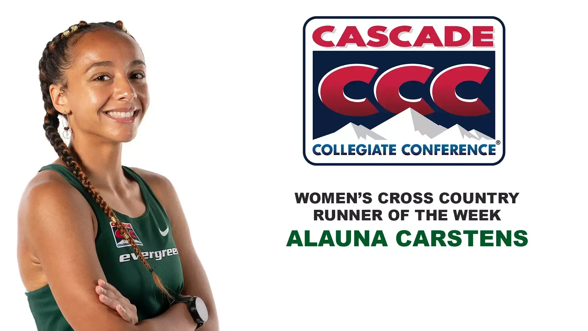 Alauna Carstens with Cascade Collegiate Conference logo, plus Women's Cross Country Runner of the Week