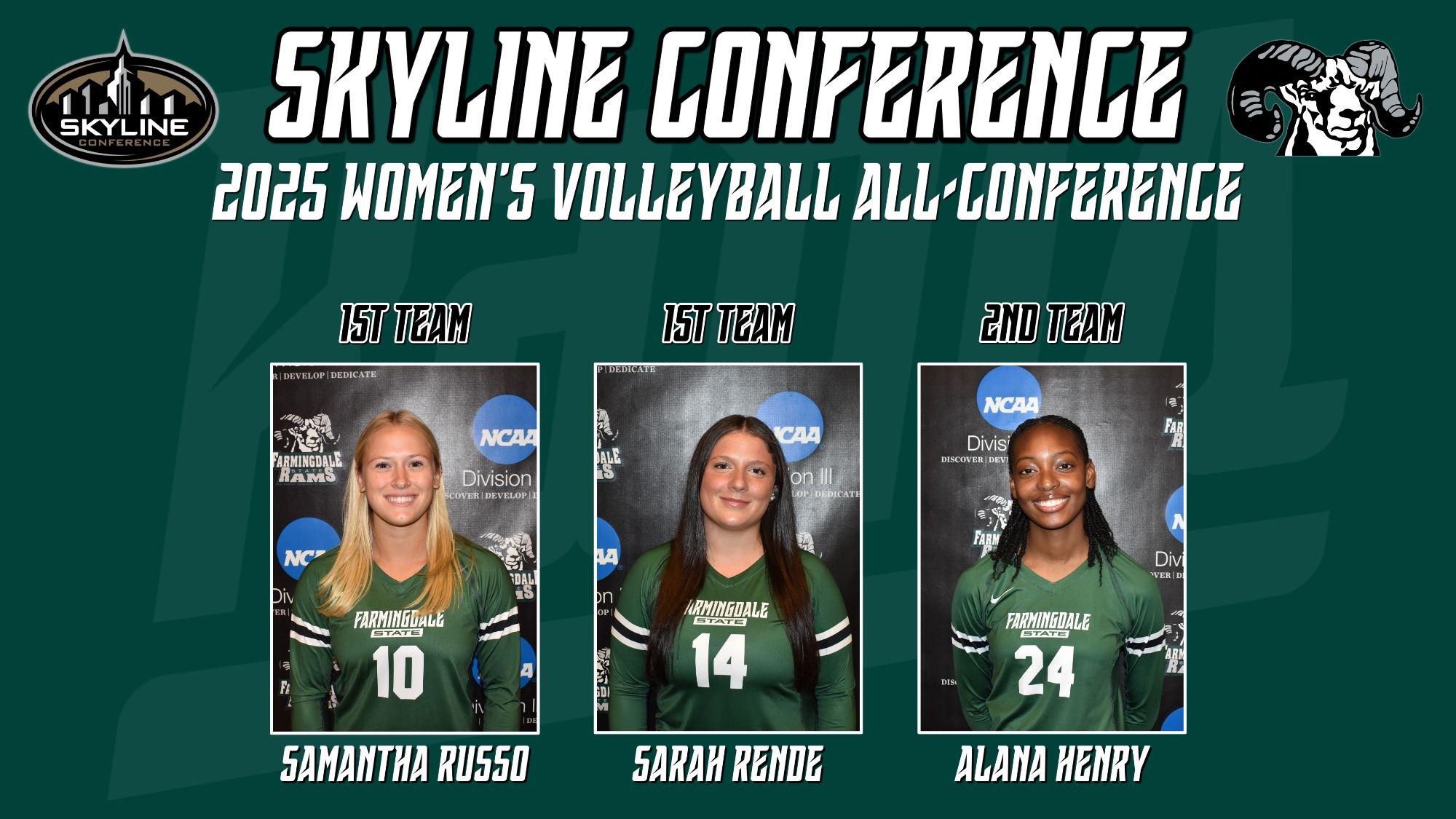 Farmingdale State Volleyball - 2025 All-Skyline Conference selections: Samantha Russo, Sarah Rende, Alana Henry