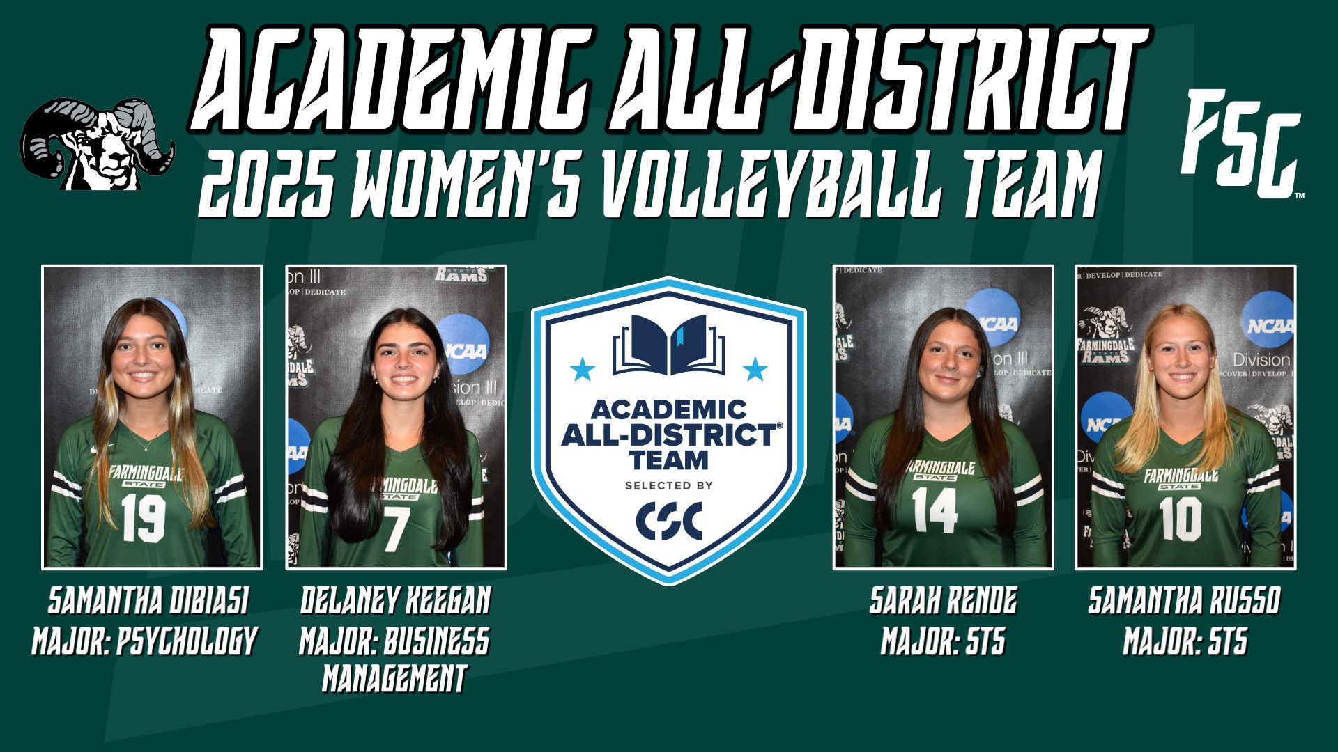 Farmingdale State Volleyball - 2025 Academic All-District Honorees (Samantha DiBiasi, Delaney Keegan, Sarah Rende, Samantha Russo)
