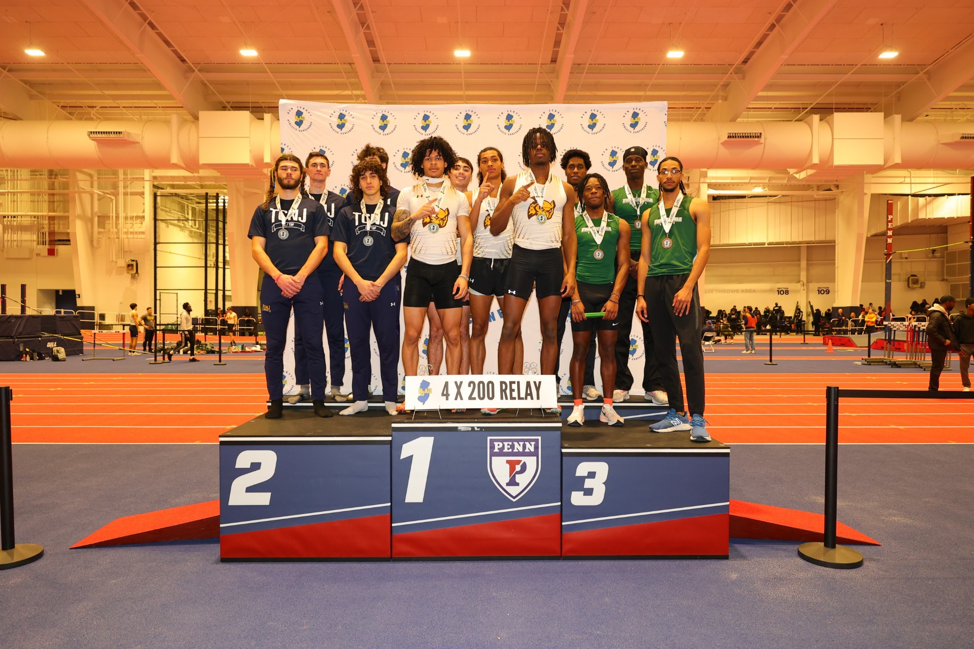 Farmingdale State - 2025 NJAC Championships 4x200 Meter Relay Podium Photo