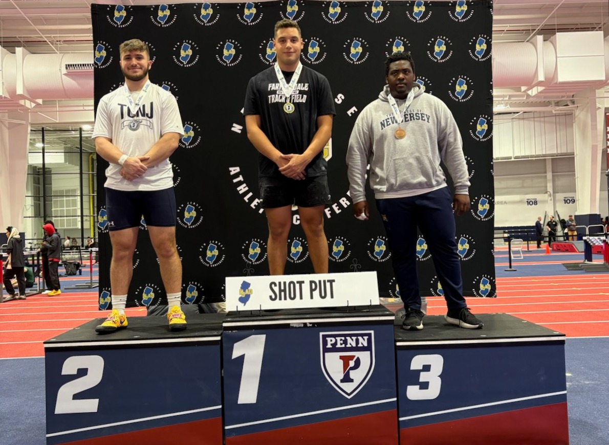 Farmingdale State College junior Adonias Mercado won the shot put event at the 2026 New Jersey Athletic Conference Men's Indoor Track & Field Championships in Philadelphia