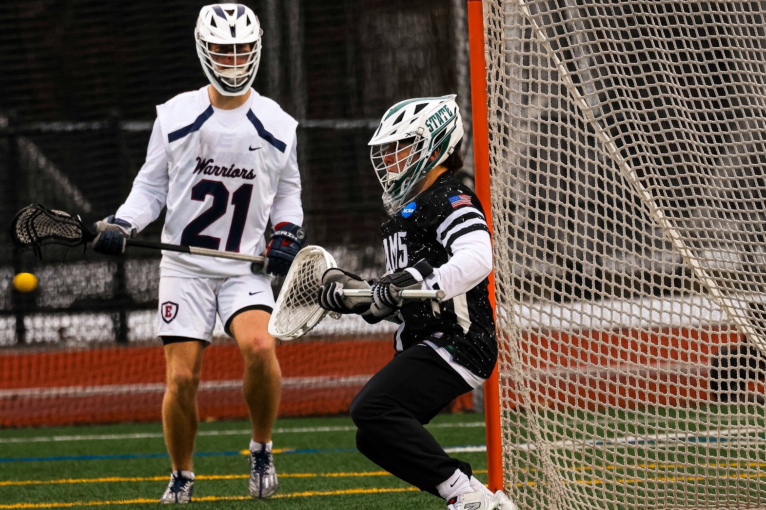 Connor Dobson - Farmingdale State College men's lacrosse goalkeeper, making a save in a March 6, 2026 game versus Eastern Connecticut State University