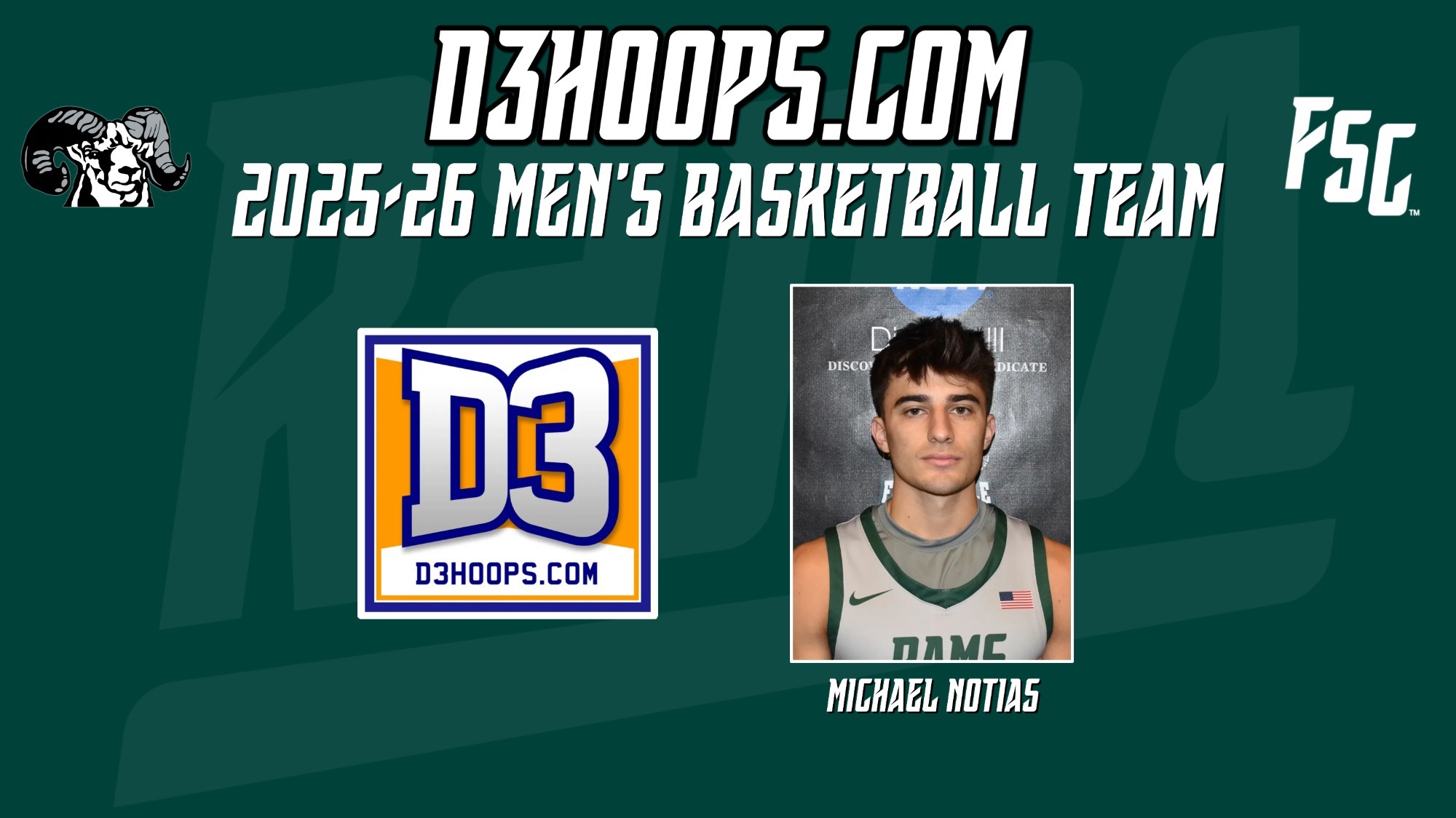 Michael Notias, senior guard for the Farmingdale State College men's basketball team, was named to the 2025-26 D3hoops.com All-Region 3 Team