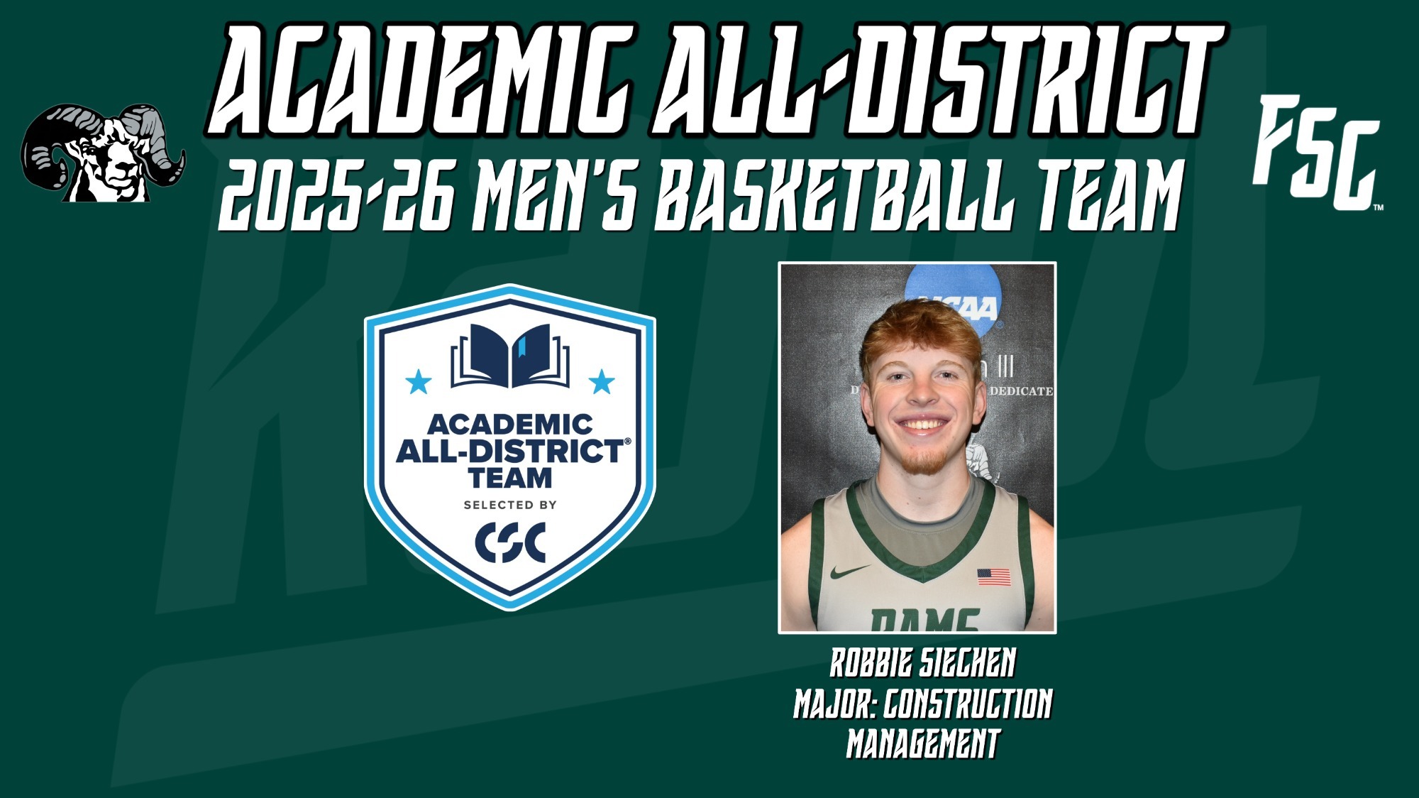 Robbie Siechen of the Farmingdale State College men's basketball team was named to the 2025-26 edition of the Academic All-District Team, as selected by College Sports Communicators