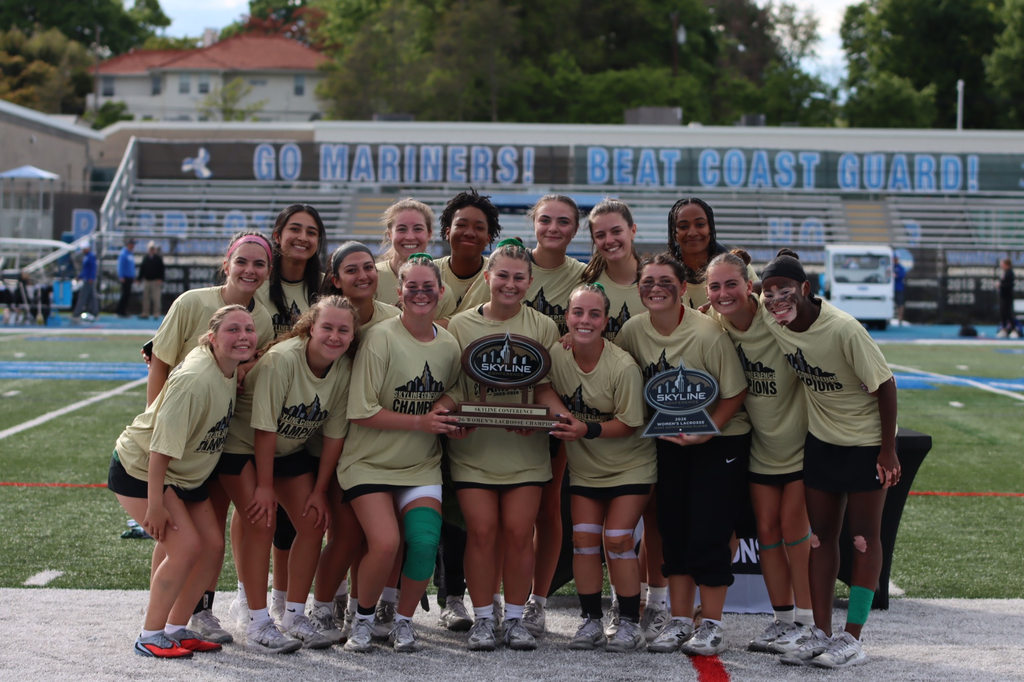 Farmingdale State College poses with the championship trophy after winning the 2026 Skyline Conference Women's Lacrosse Championship