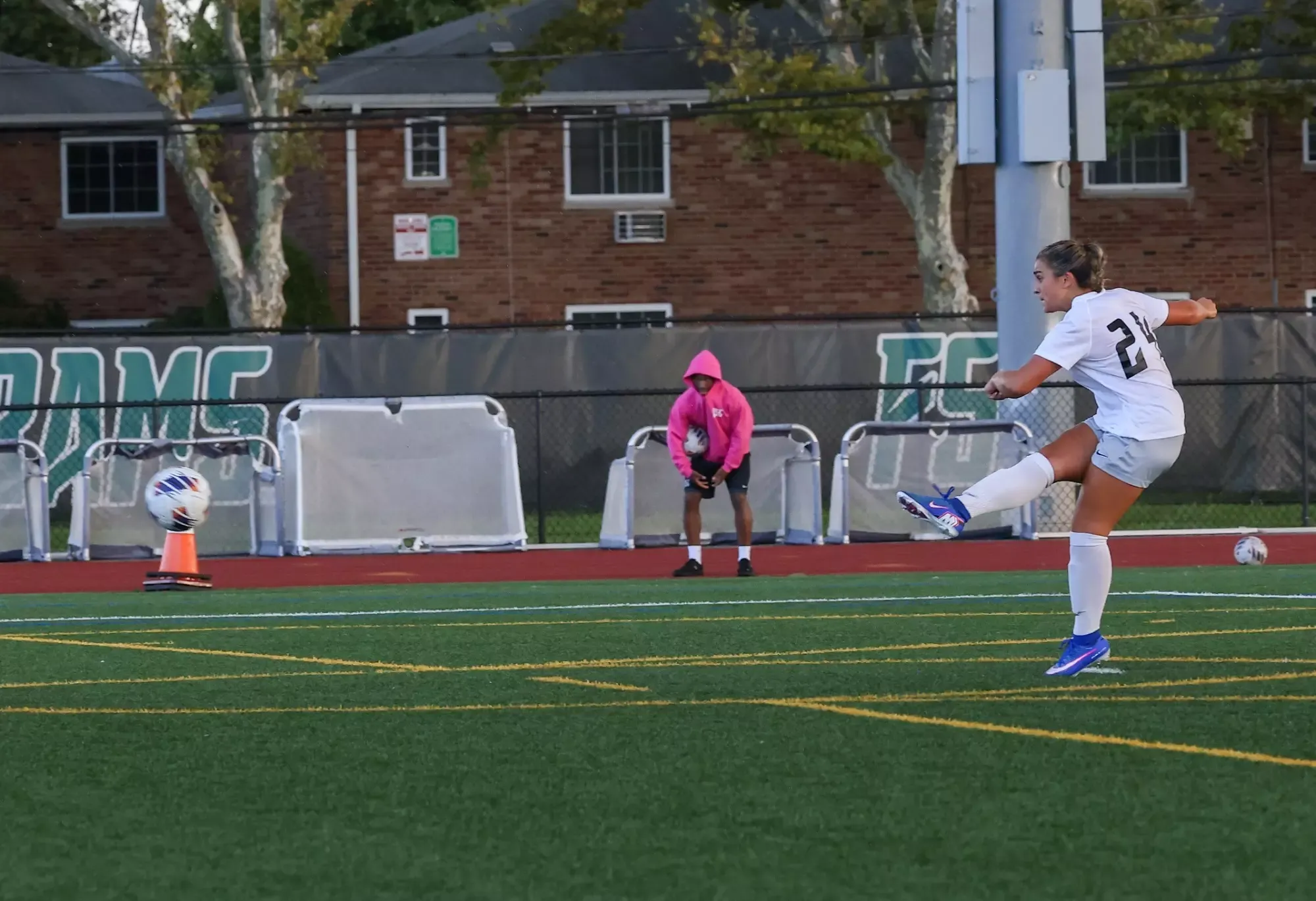 Jenna Biondo fires home the match-winning penalty kick against Westfield State