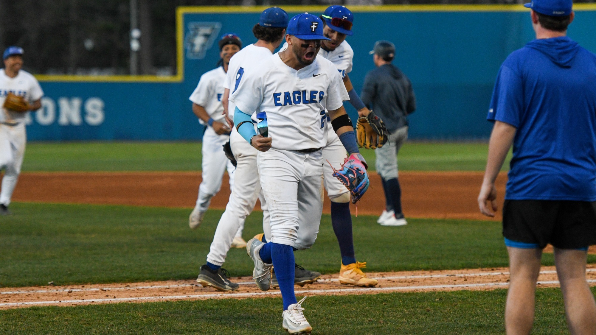 Bassett celebrates his diving catch in the 4th of game 3 vs. BPC