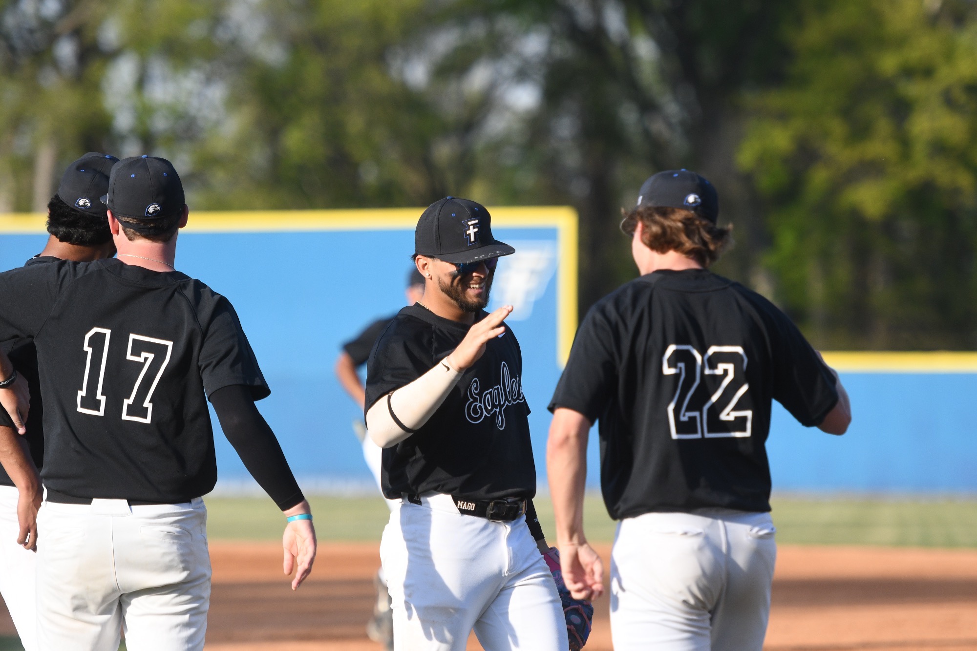 team celebrating etween innings.