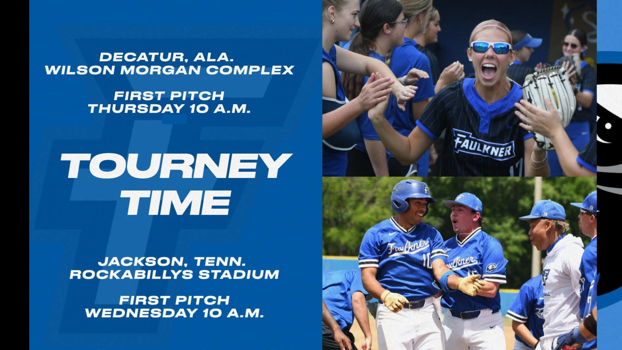 First pitch times and locations for baseball and softball. Softball starts Thursday at 10 am at the Wilson Morgan Complex in Decatur, Ala. Baseball starts Wednesday at 10 at Rockabillys Stadium in Jackson, Tenn. 