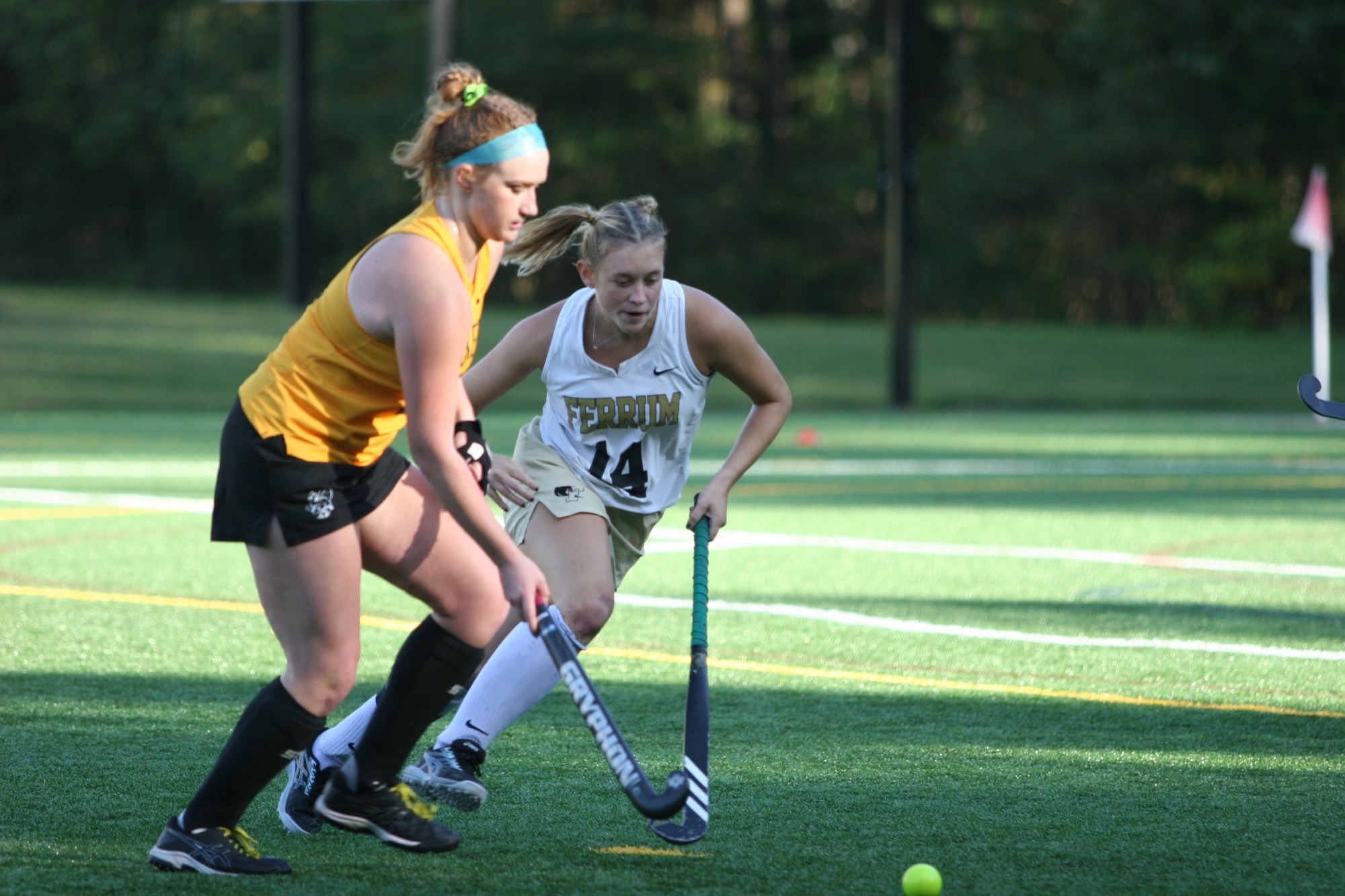 Olivia Turner running for the ball in a Ferrum home Field Hockey game.