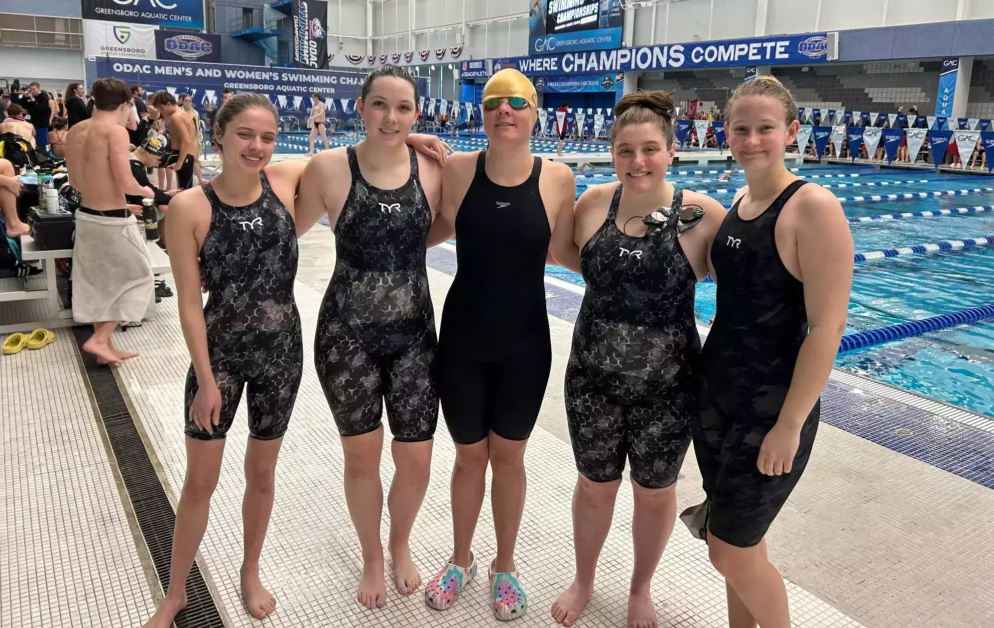 Ferrum's women pose for a photo during the 2023 ODAC Swim Championships in Greensboro, North Carolina. 