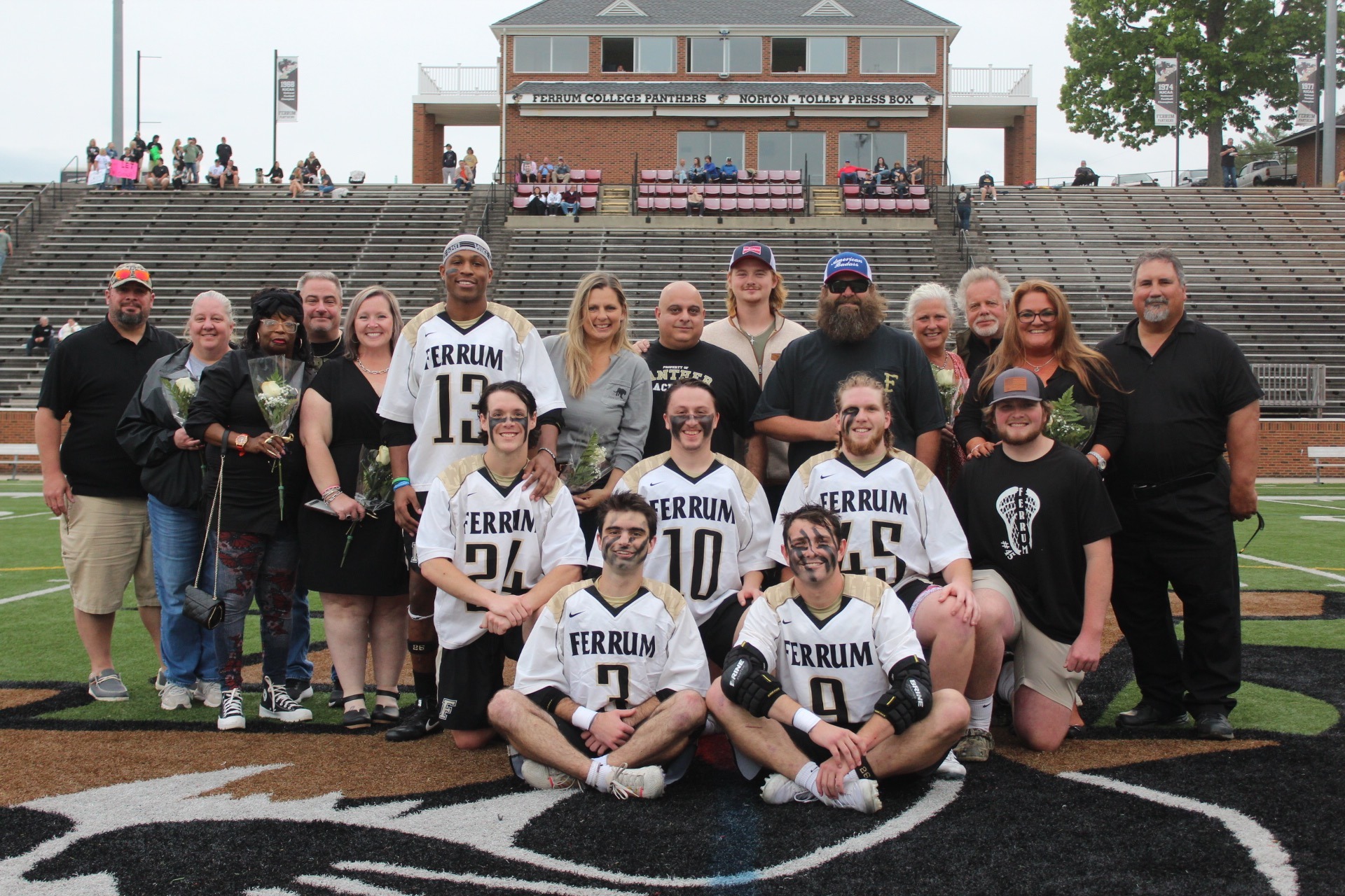 Men's Lacrosse, Senior Day 4/29/23. Seniors Adam Brooks, Michael Paolicelli, Terrance Scales, Jon Straka, Tommy Jackson, and Jacob Carroll being honored standing with their families.  