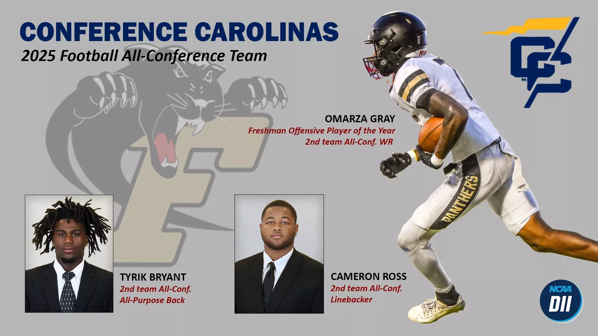 Omarza Gray, Tyrik Bryant and Cameron Ross were selected to the 2025 Conference Carolinas Football All-Conference Team. 