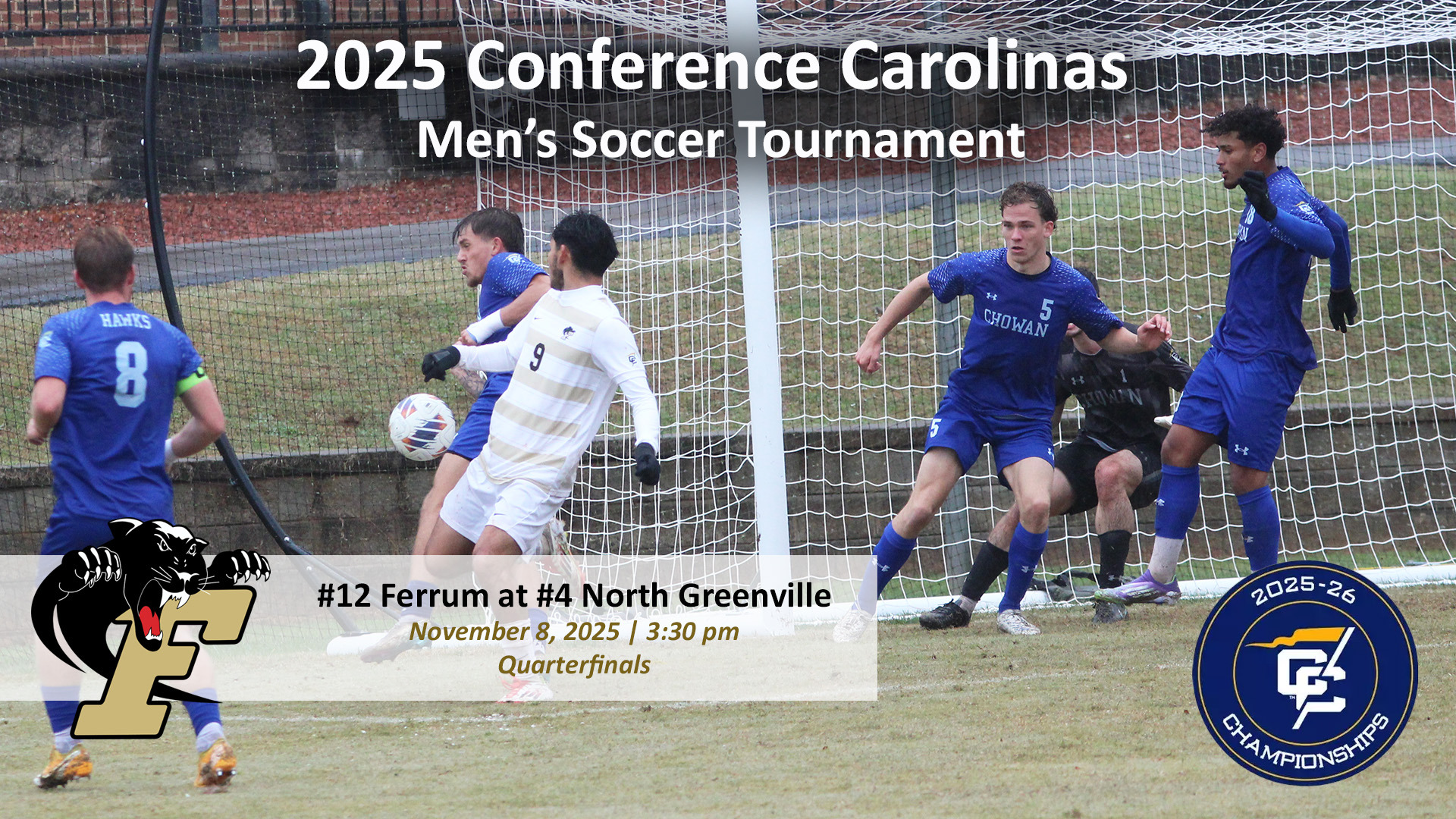 Ferrum faces North Greenville in the 2025 Conference Carolinas Men's Soccer Tournament Quarterfinals November 8, 2025 on the road. 