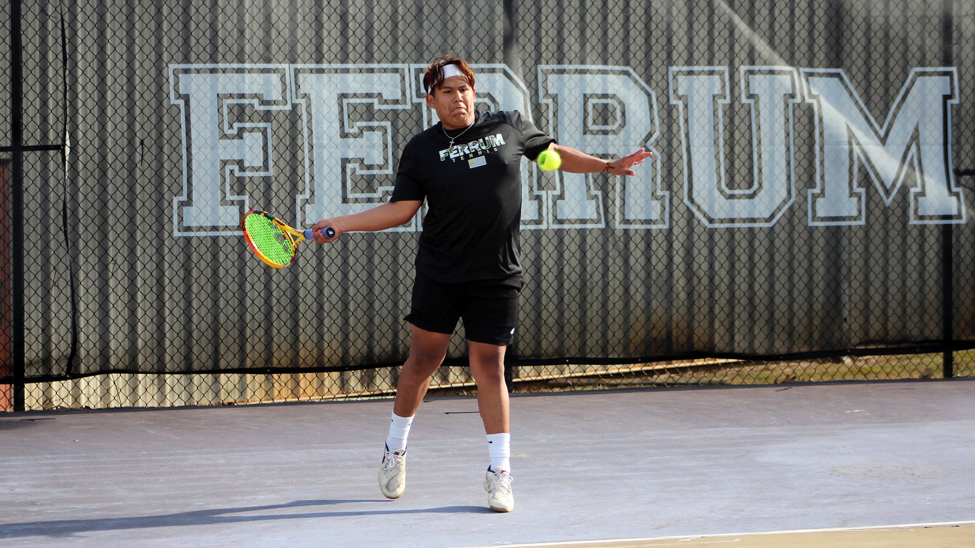 Jairo Herbas is on his toes to reach a forehand during a Ferrum home match on February 18, 2025. 