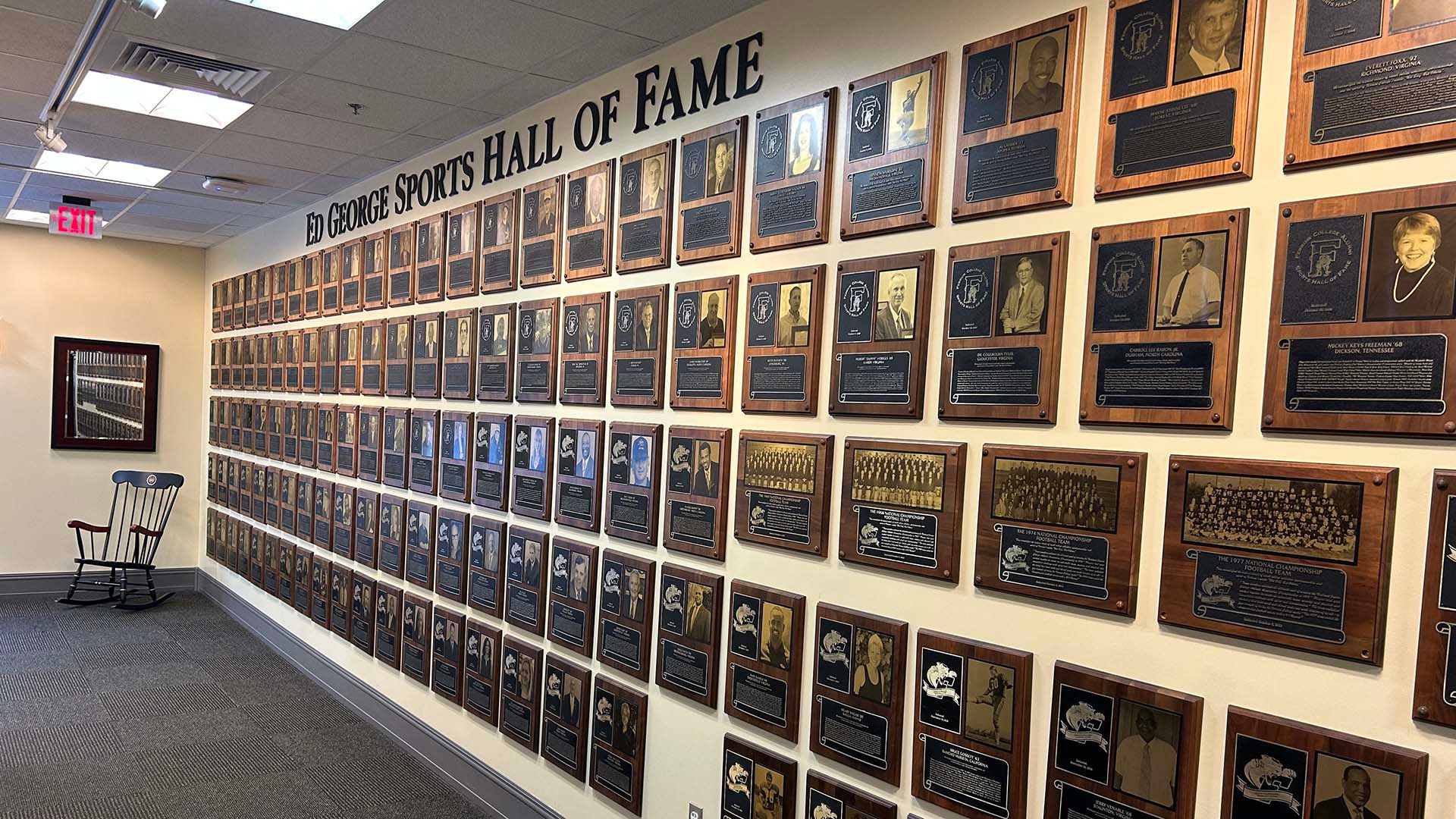 Ferrum College Sports Hall of Fame wall located inside the Hank Norton Center.