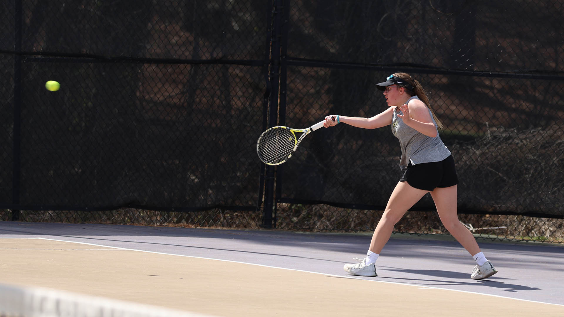 Freshman Madison Cox hits a big forehand during a home Ferrum match on March 19, 2025. 