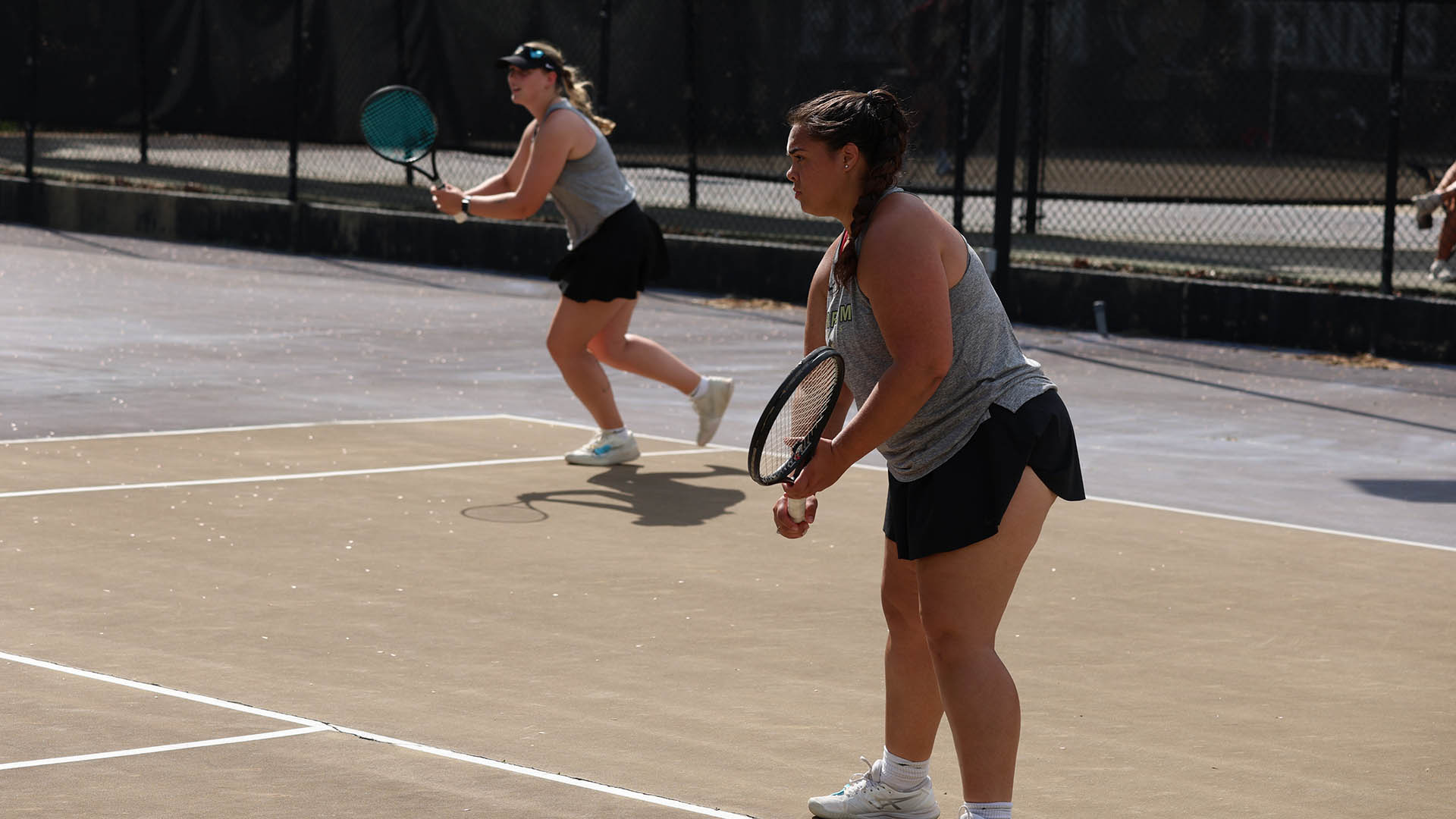 Ferrum's Hannah Huffman and Gabby Mendoza in doubles action during a home match on April 21, 2025.
