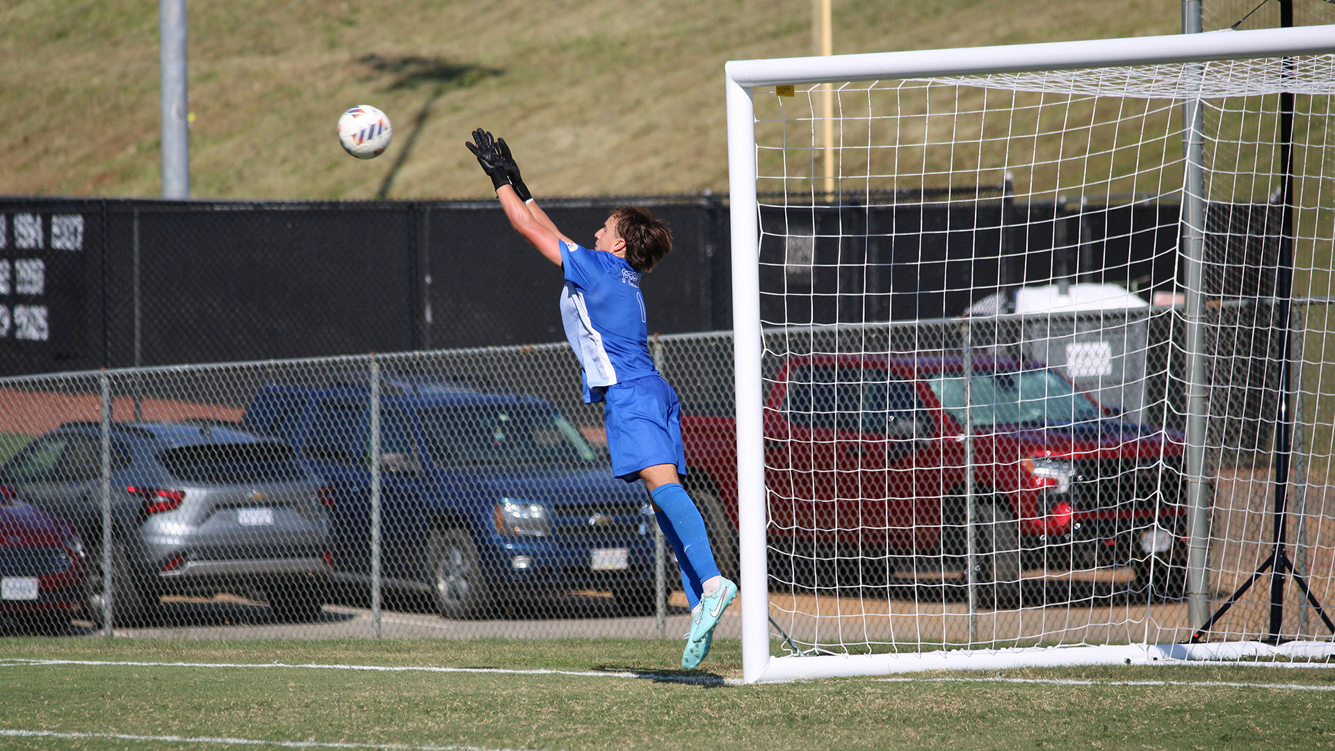 Goalkeper Michael Arzillo makes a save against Shaw University on September 10, 2025.