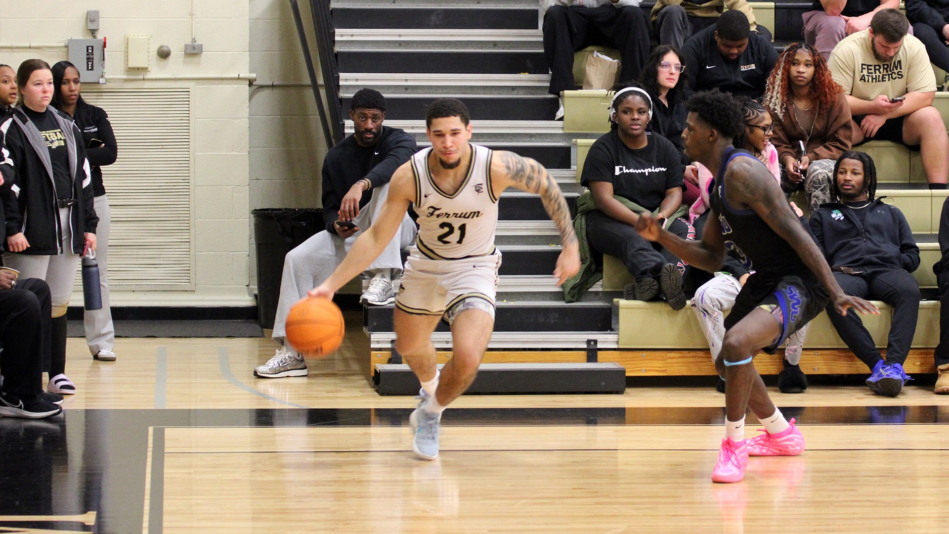 Ferrum's Gerren Jones drives the baseline in a home game on January 17, 2026.