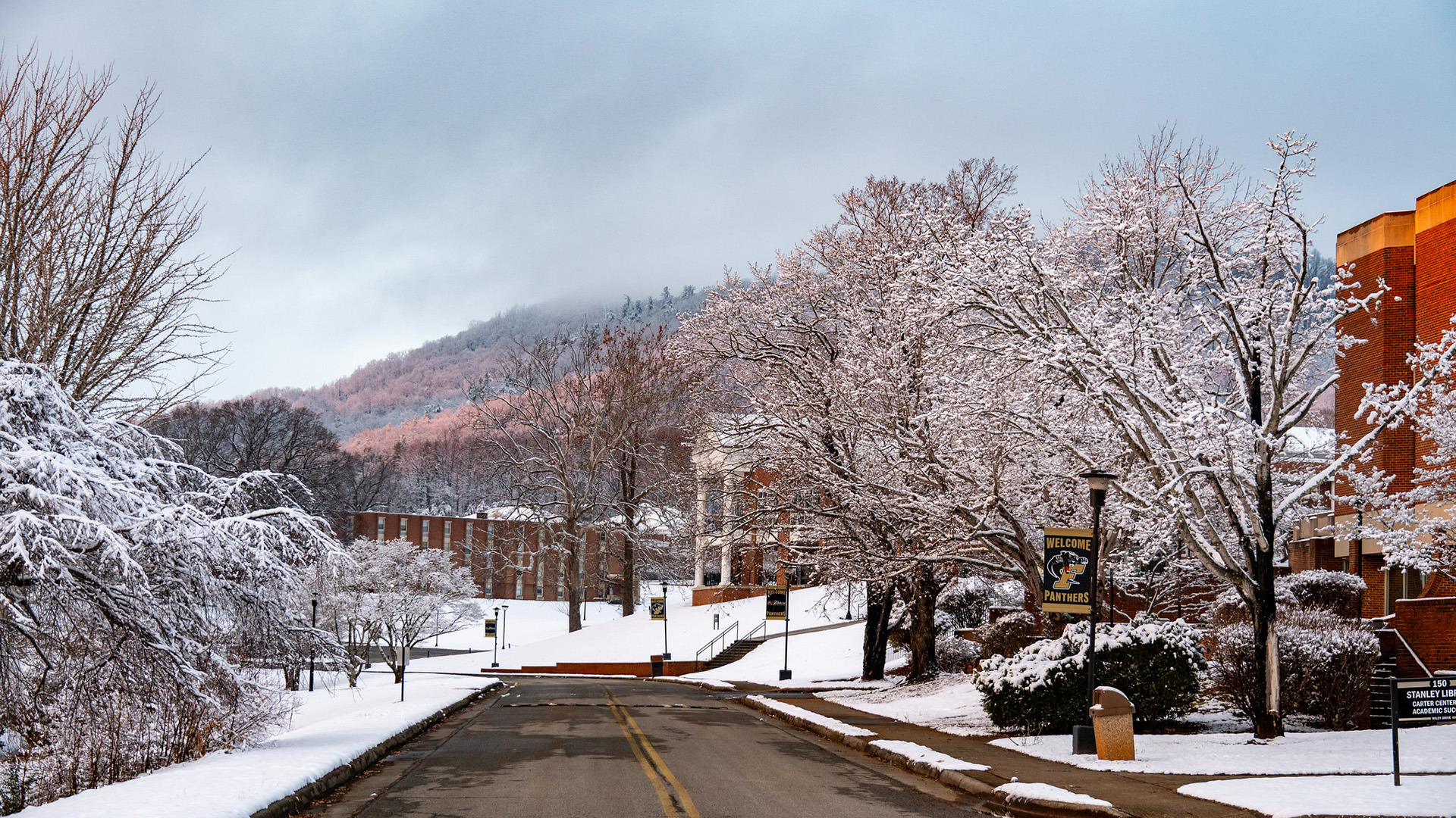 Ferrum College with snow in December 2025.
