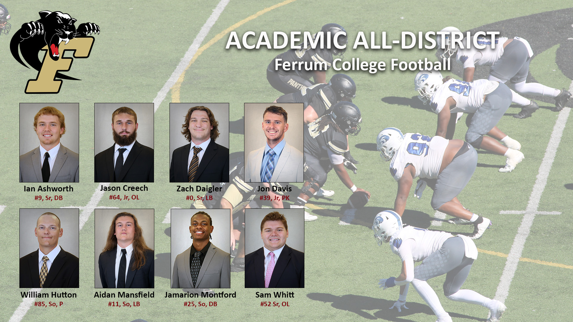 Eight Ferrum football players were named to the CSC Academic All-District Team in 2025.