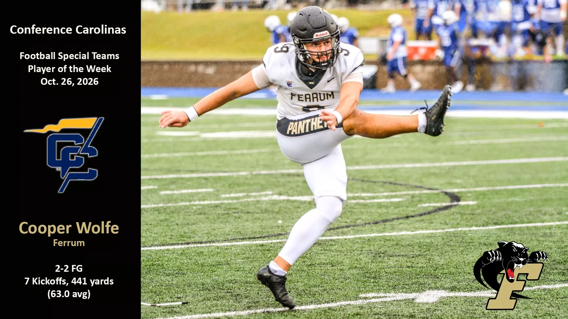 Ferrum's Cooper Wolfe was named Conference Carolinas Special Teams Player of the Week October 26, 2026. 
