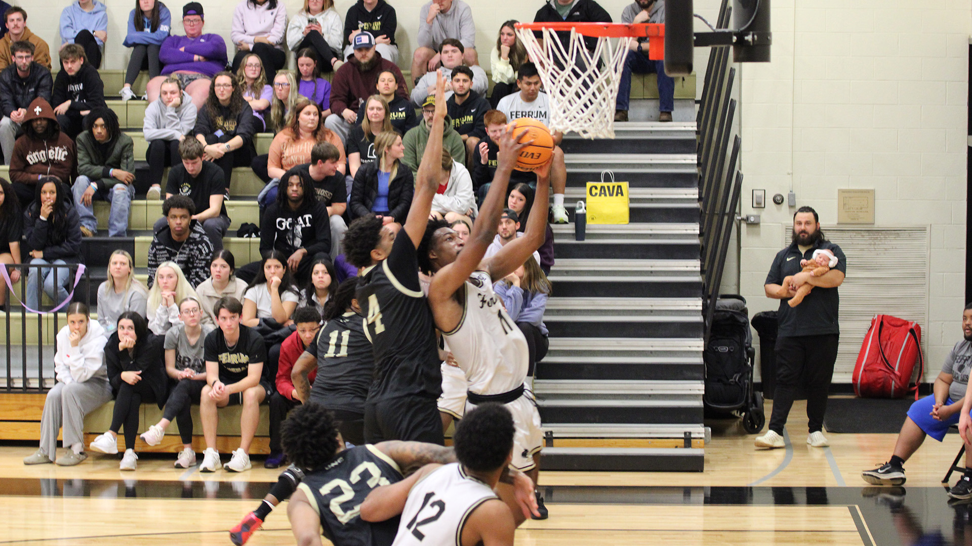 Senior Abdulh Diaby scores two of his 14 points in Ferrum's win at home over UNC Pembroke. 